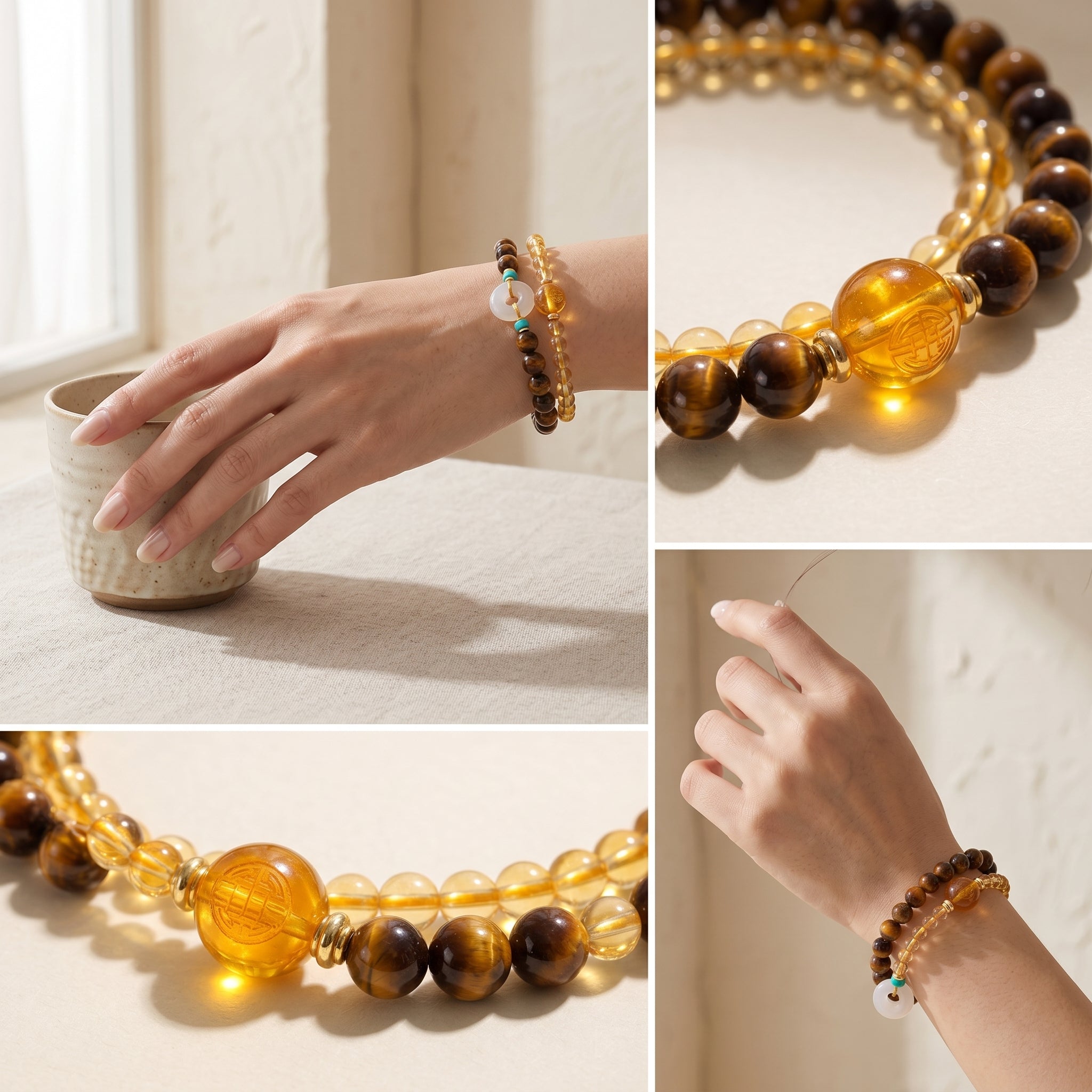 Golden Terra Earth Element Double-Strand Beaded Bracelet Tiger Eye & Golden Crystal Gemstone Bracelet for Taurus, Virgo & Capricorn