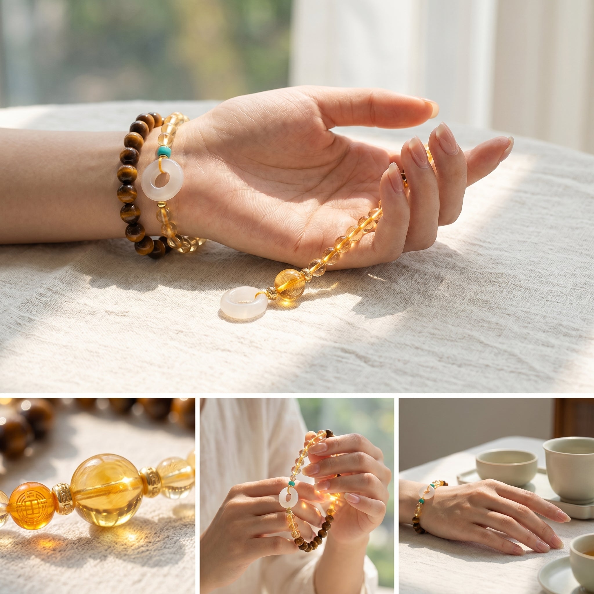 Golden Terra Earth Element Double-Strand Beaded Bracelet Tiger Eye & Golden Crystal Gemstone Bracelet for Taurus, Virgo & Capricorn