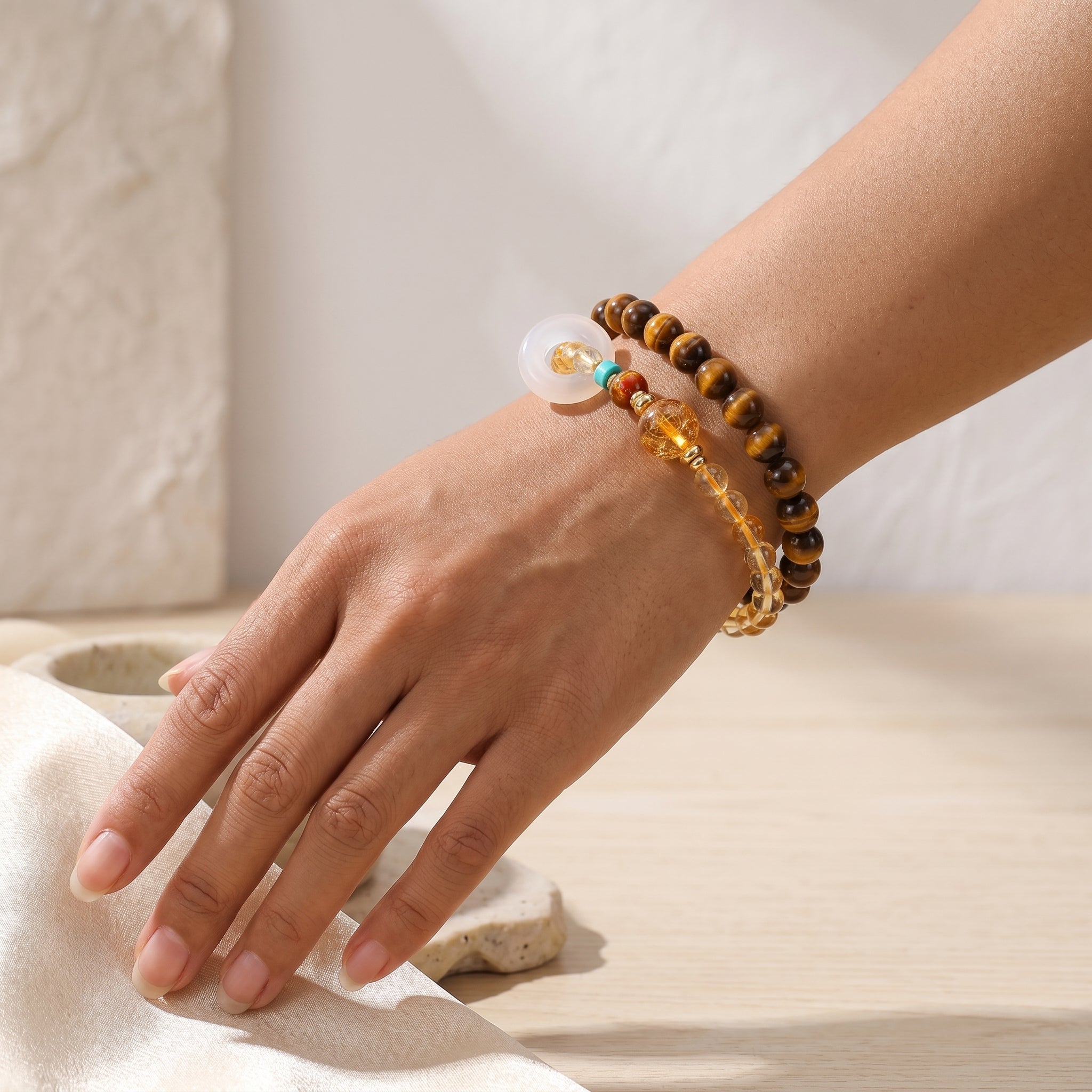 Golden Terra Earth Element Double-Strand Beaded Bracelet Tiger Eye & Golden Crystal Gemstone Bracelet for Taurus, Virgo & Capricorn