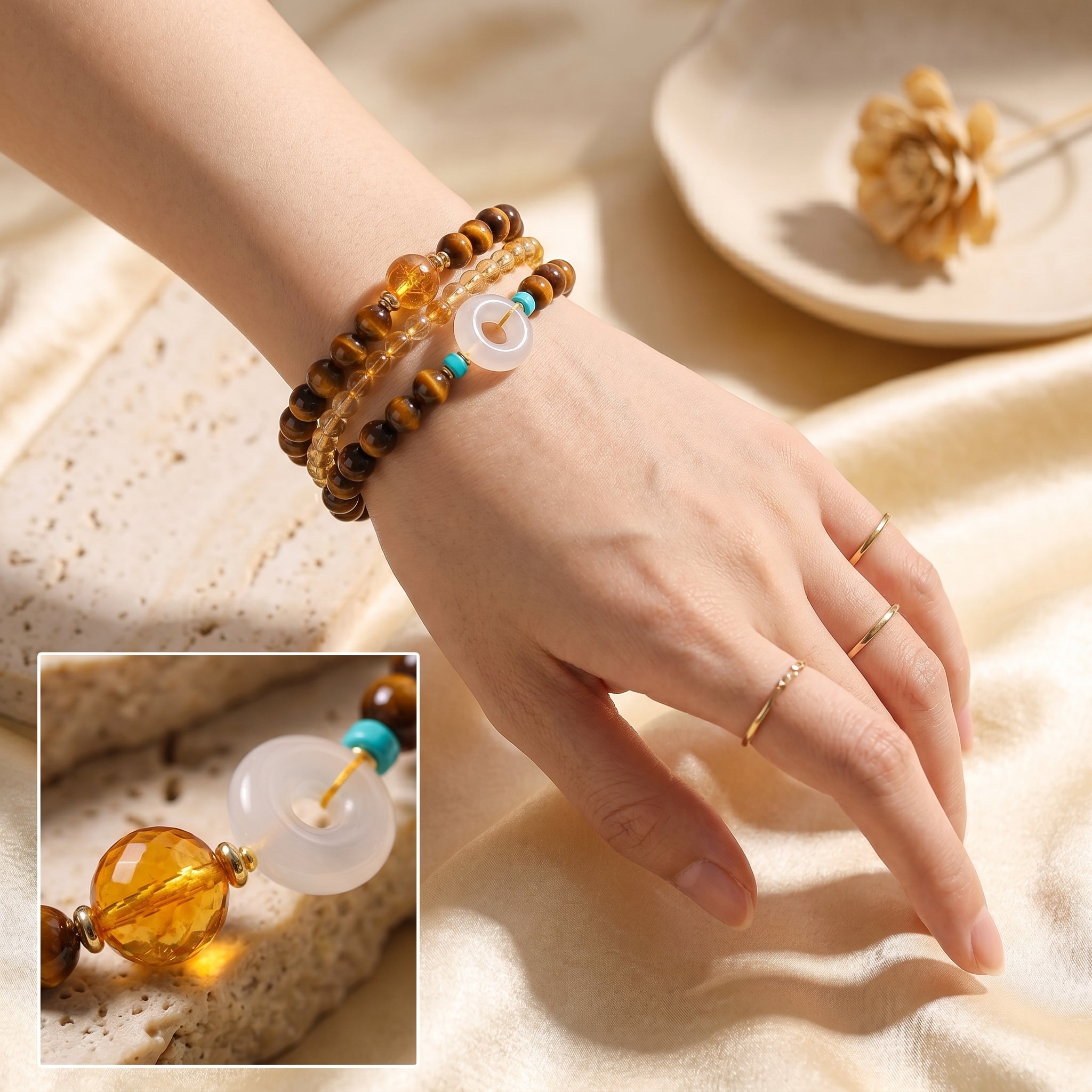 Golden Terra Earth Element Double-Strand Beaded Bracelet Tiger Eye & Golden Crystal Gemstone Bracelet for Taurus, Virgo & Capricorn