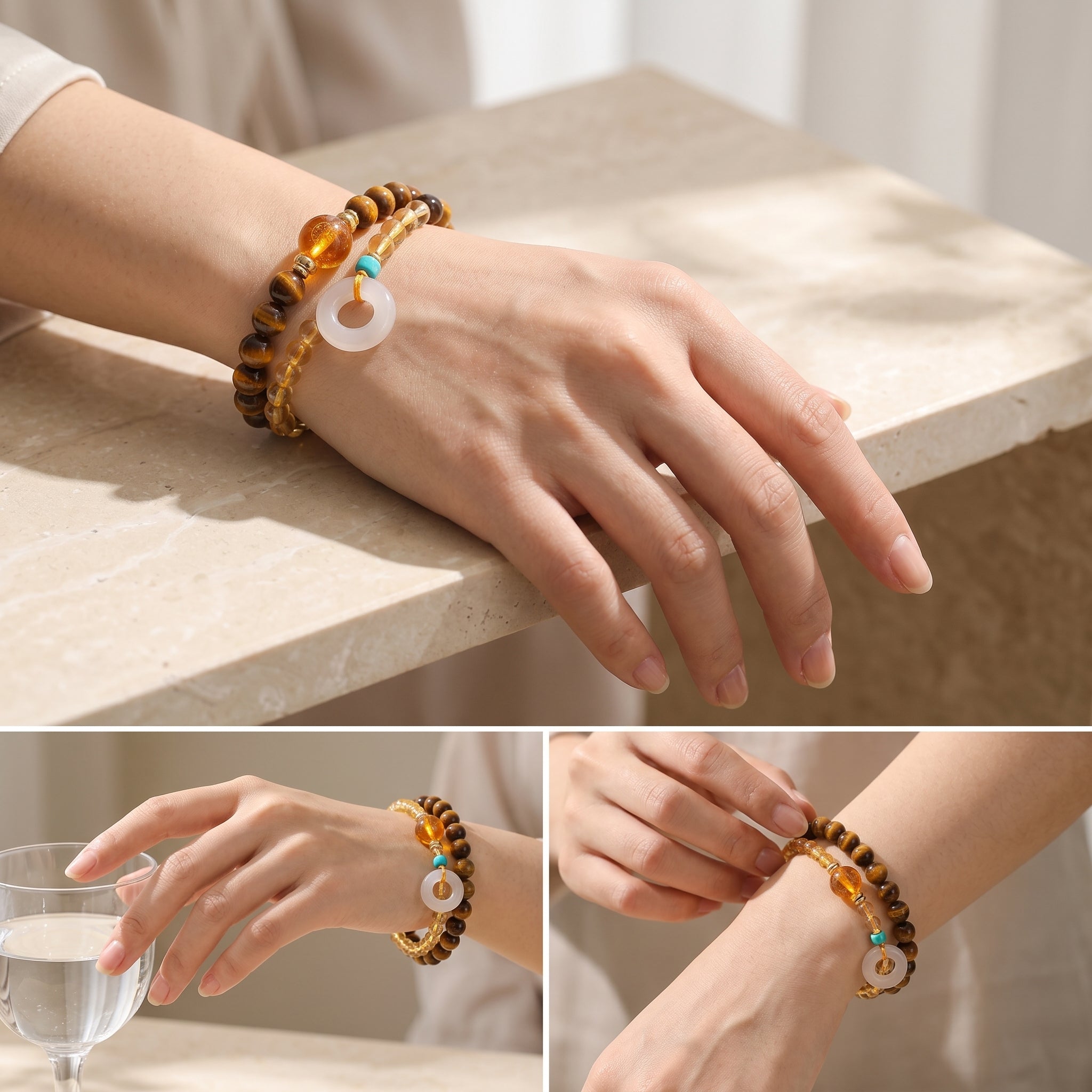 Golden Terra Earth Element Double-Strand Beaded Bracelet Tiger Eye & Golden Crystal Gemstone Bracelet for Taurus, Virgo & Capricorn