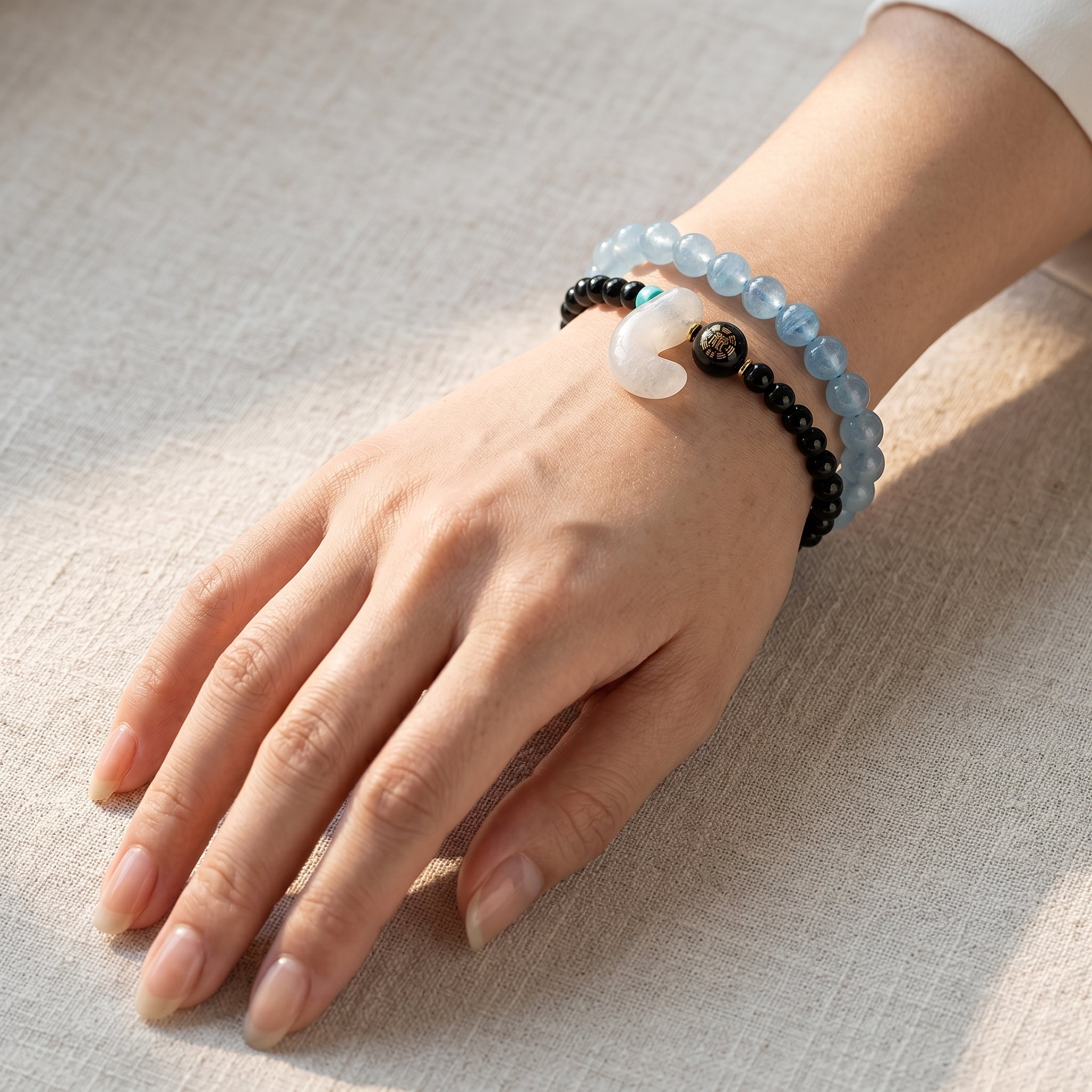 Moon Tide Water Element Double-Strand Beaded Bracelet Aquamarine & Black Onyx Inspired Gemstone Bracelet for Cancer, Scorpio & Pisces