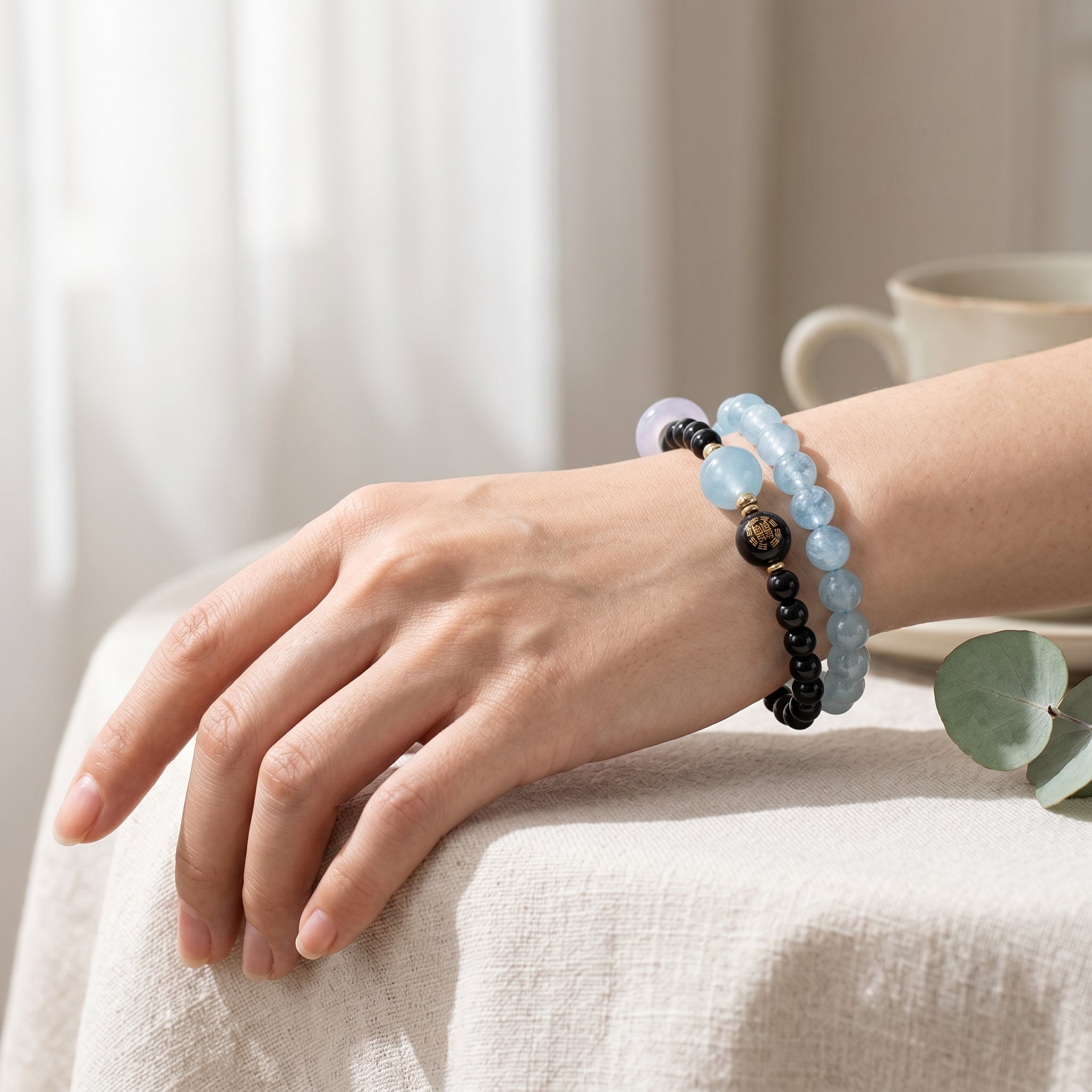 Moon Tide Water Element Double-Strand Beaded Bracelet Aquamarine & Black Onyx Inspired Gemstone Bracelet for Cancer, Scorpio & Pisces