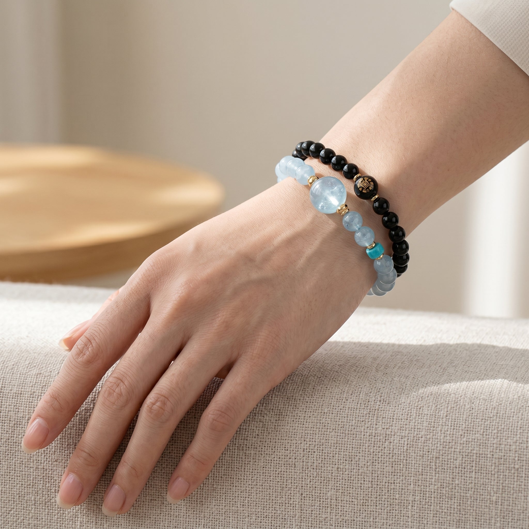 Moon Tide Water Element Double-Strand Beaded Bracelet Aquamarine & Black Onyx Inspired Gemstone Bracelet for Cancer, Scorpio & Pisces