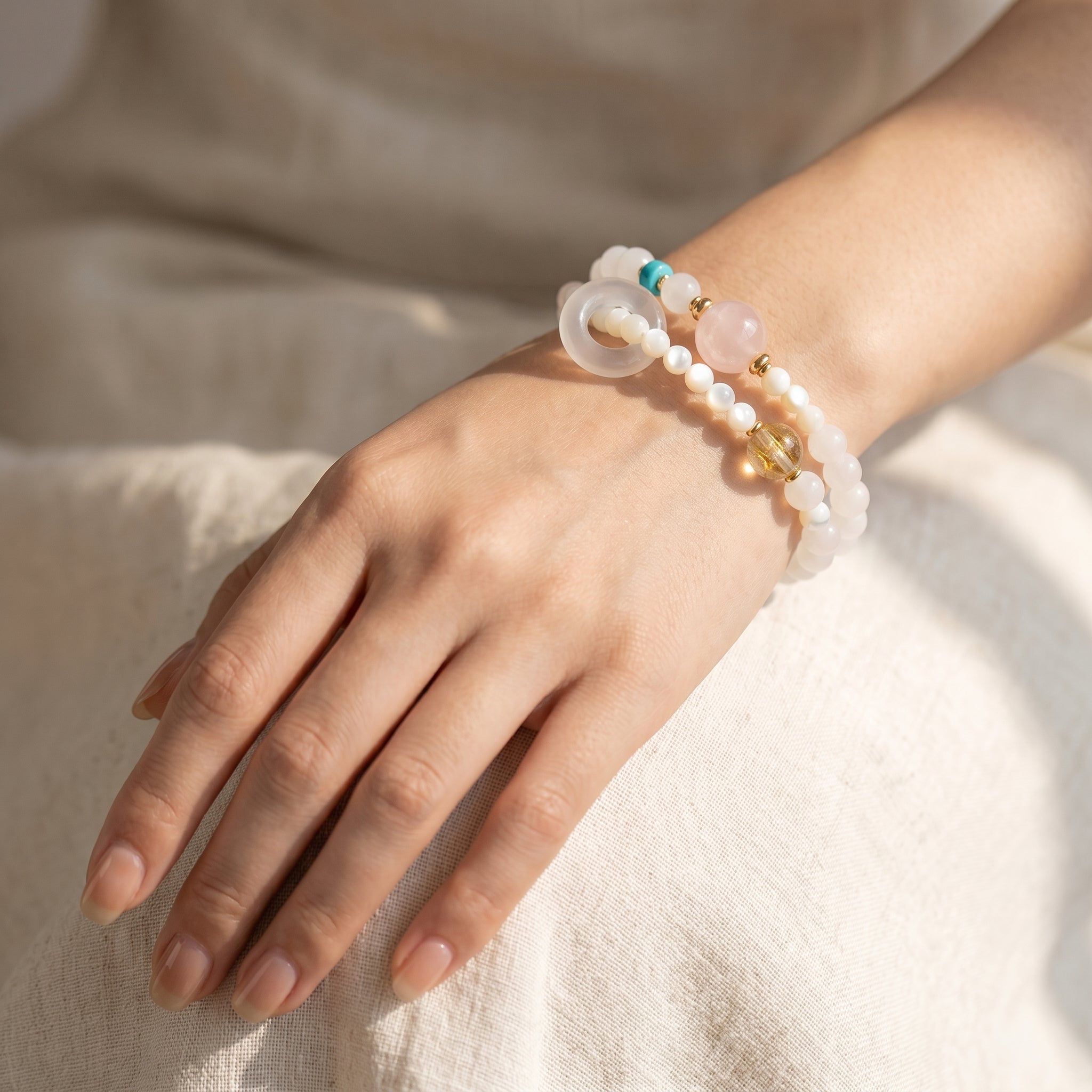 Silver Zenith Metal Element Double-Strand Beaded Bracelet Element of Clarity & Strength
