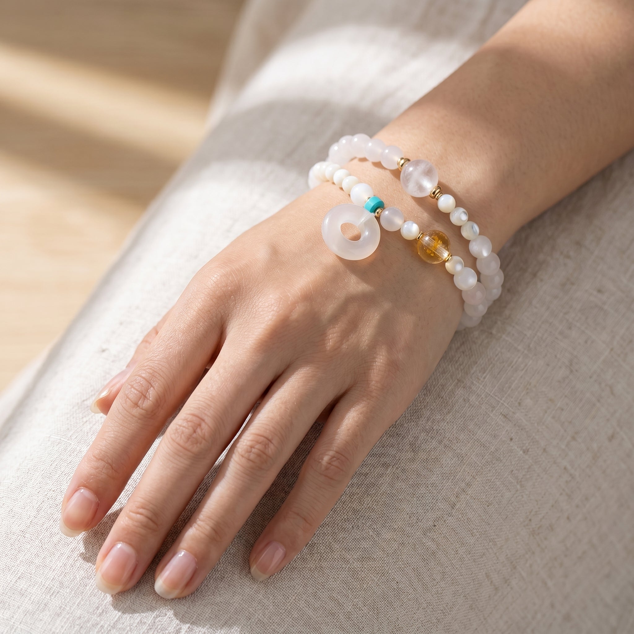 Silver Zenith Metal Element Double-Strand Beaded Bracelet Element of Clarity & Strength