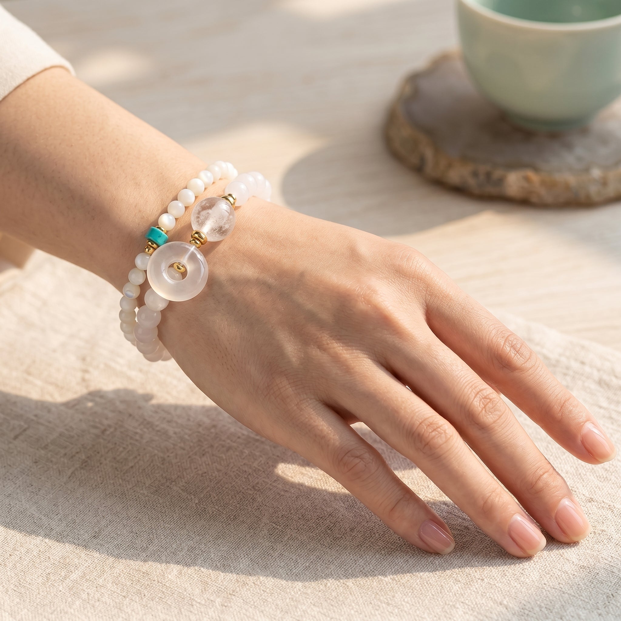Silver Zenith Metal Element Double-Strand Beaded Bracelet Element of Clarity & Strength