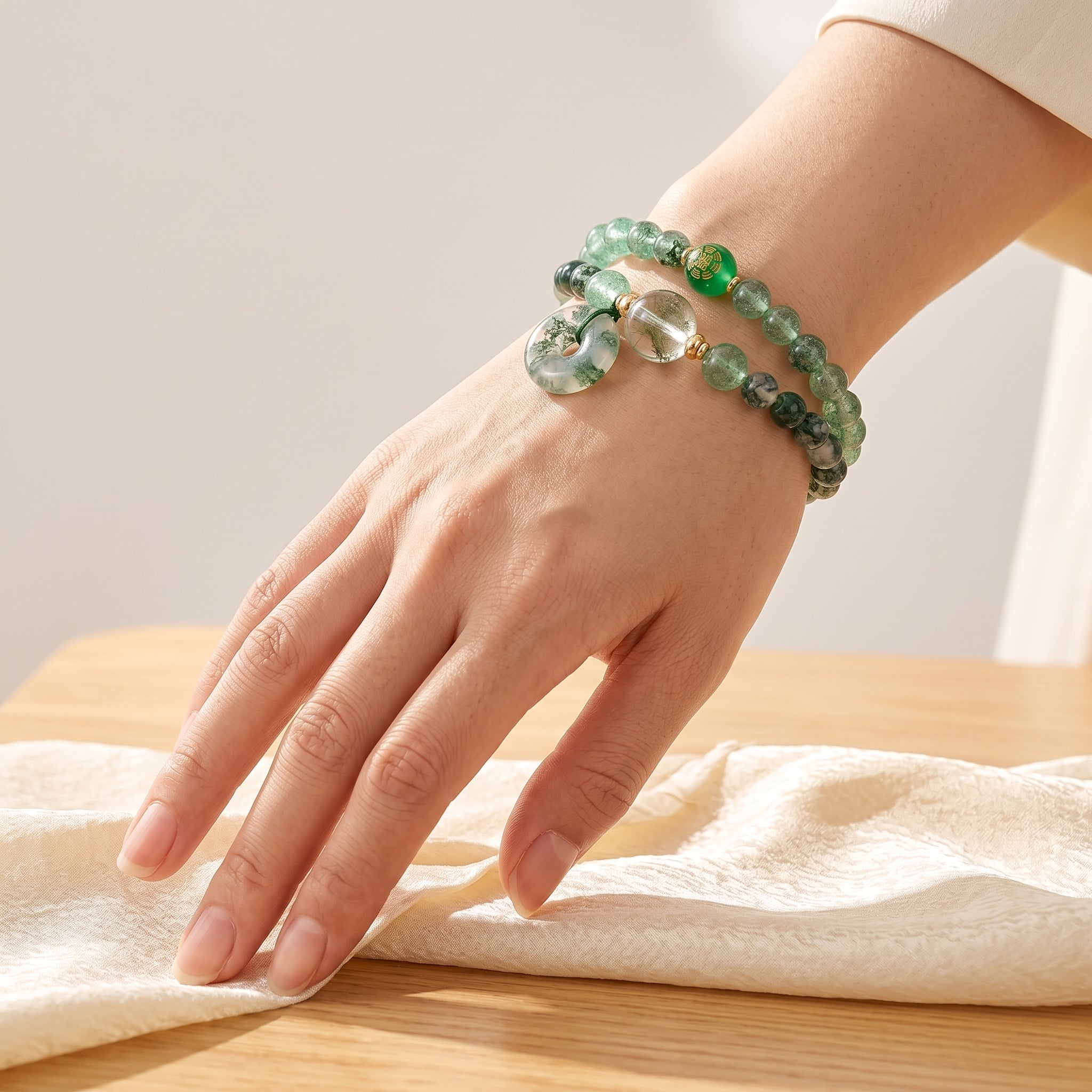 Emerald Rise Wood Element Double-Strand Beaded Bracelet Natural Green Gemstone Bracelet for Gemini, Libra & Aquarius