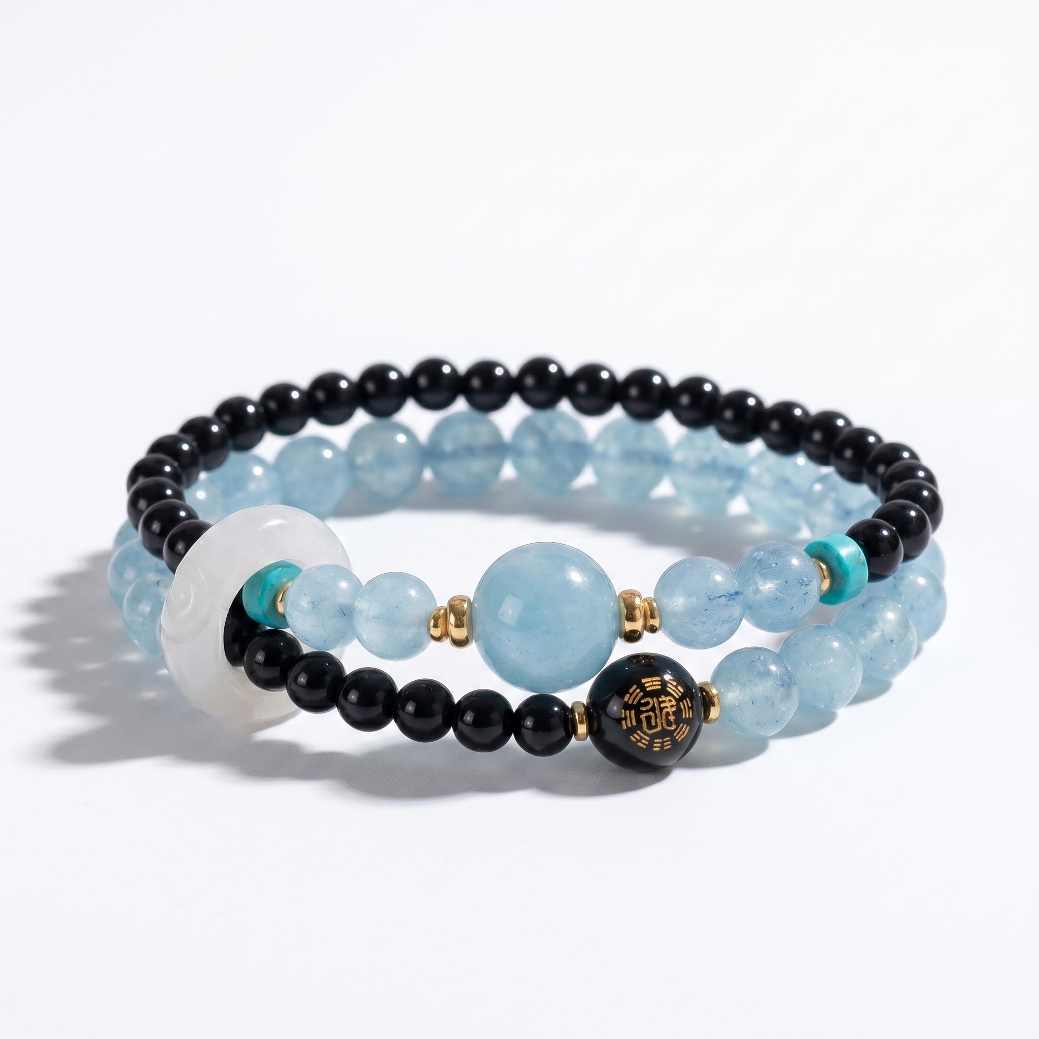Moon Tide Water Element Double-Strand Beaded Bracelet Aquamarine & Black Onyx Inspired Gemstone Bracelet for Cancer, Scorpio & Pisces
