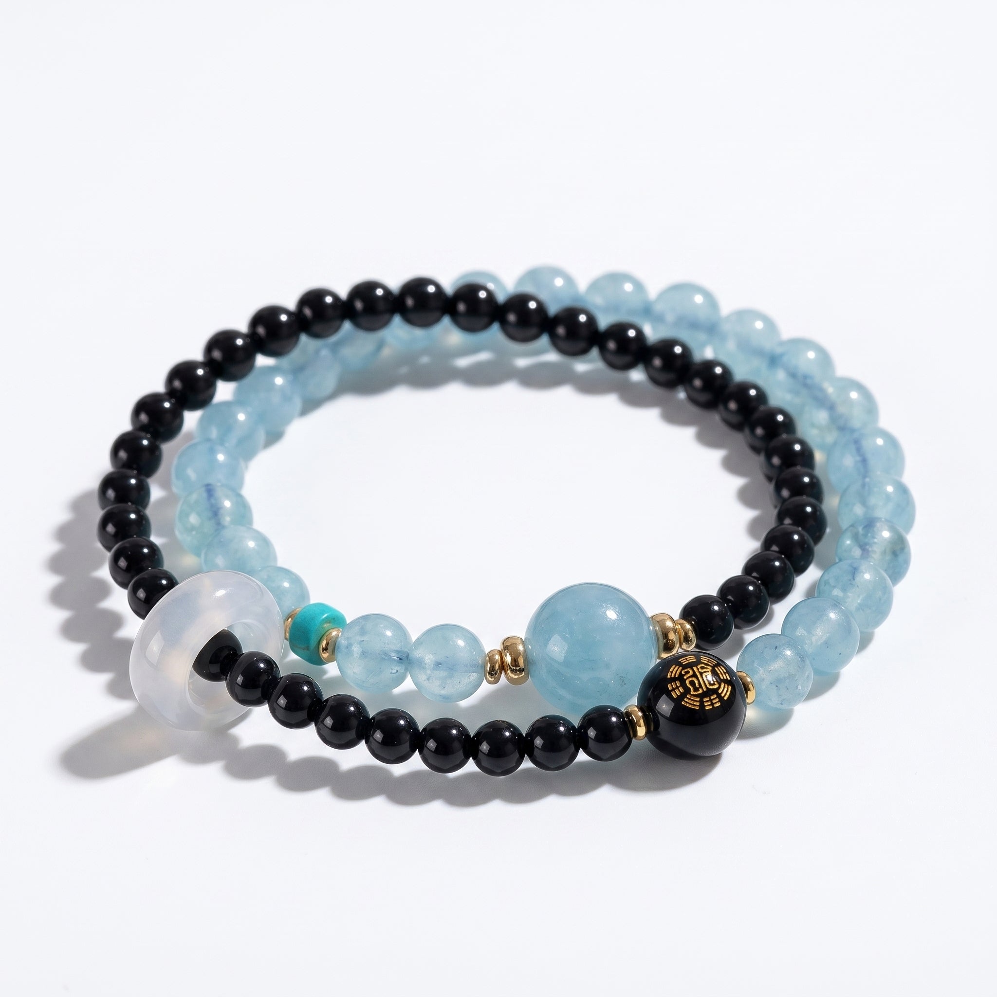 Moon Tide Water Element Double-Strand Beaded Bracelet Aquamarine & Black Onyx Inspired Gemstone Bracelet for Cancer, Scorpio & Pisces