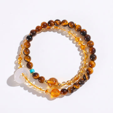 Golden Terra Earth Element Double-Strand Beaded Bracelet Tiger Eye & Golden Crystal Gemstone Bracelet for Taurus, Virgo & Capricorn
