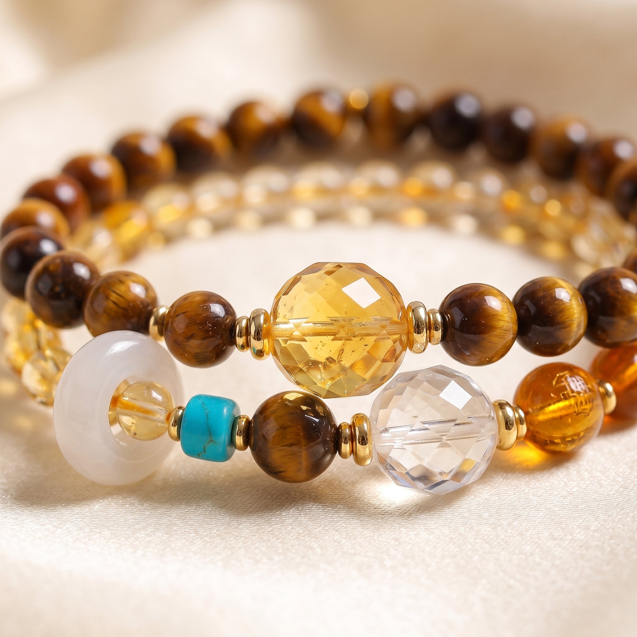 Golden Terra Earth Element Double-Strand Beaded Bracelet Tiger Eye & Golden Crystal Gemstone Bracelet for Taurus, Virgo & Capricorn