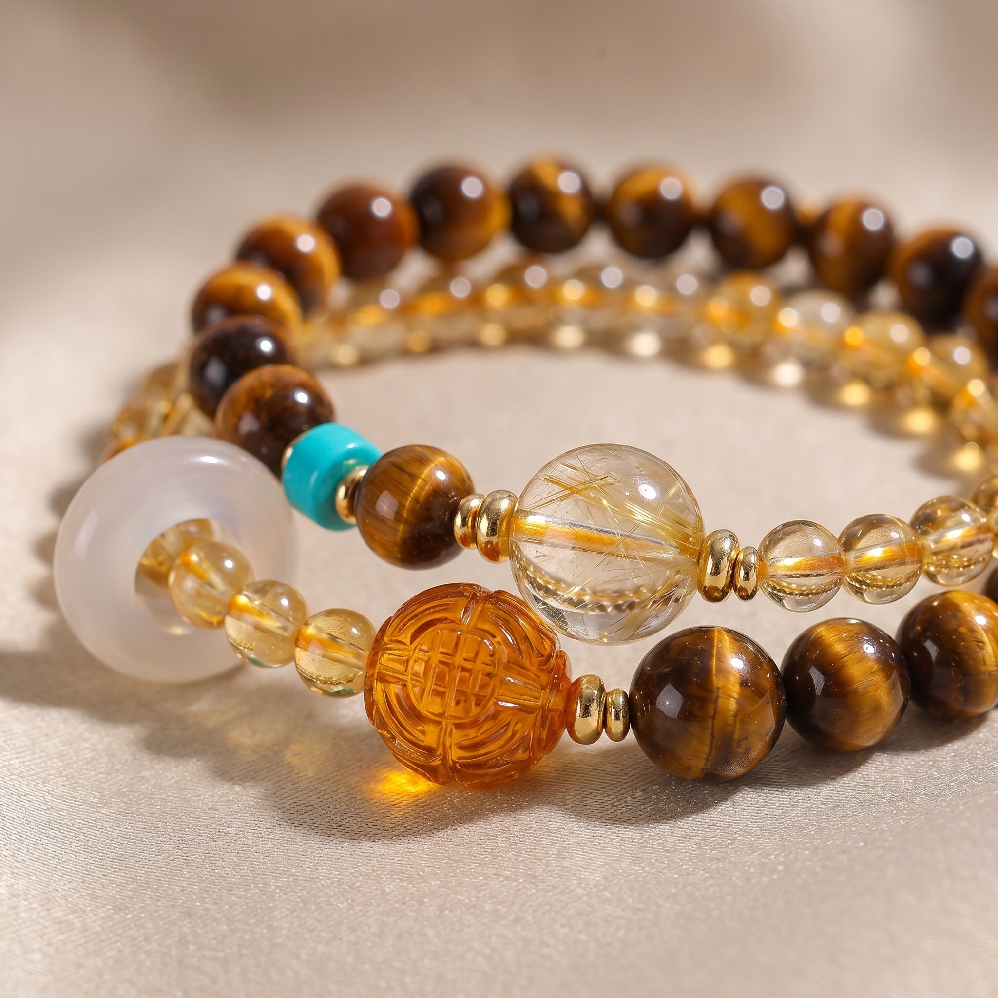 Golden Terra Earth Element Double-Strand Beaded Bracelet Tiger Eye & Golden Crystal Gemstone Bracelet for Taurus, Virgo & Capricorn