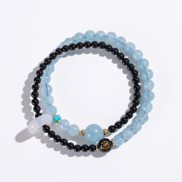 Moon Tide Water Element Double-Strand Beaded Bracelet Aquamarine & Black Onyx Inspired Gemstone Bracelet for Cancer, Scorpio & Pisces
