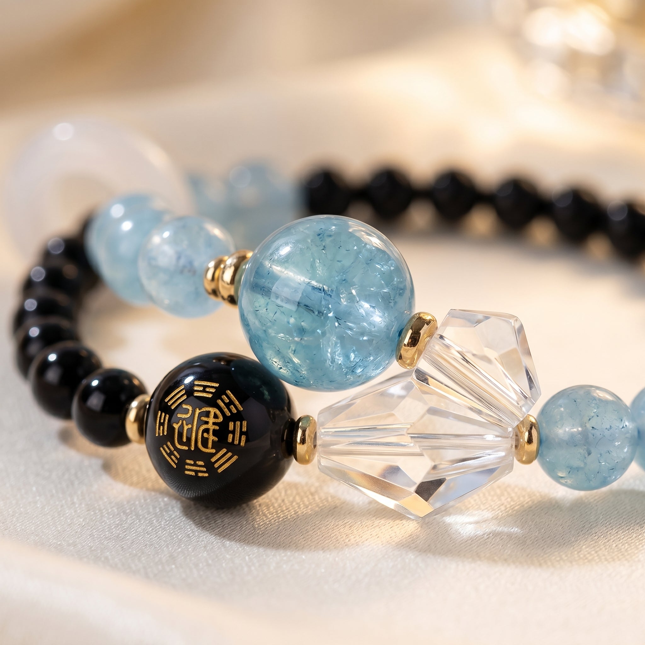Moon Tide Water Element Double-Strand Beaded Bracelet Aquamarine & Black Onyx Inspired Gemstone Bracelet for Cancer, Scorpio & Pisces