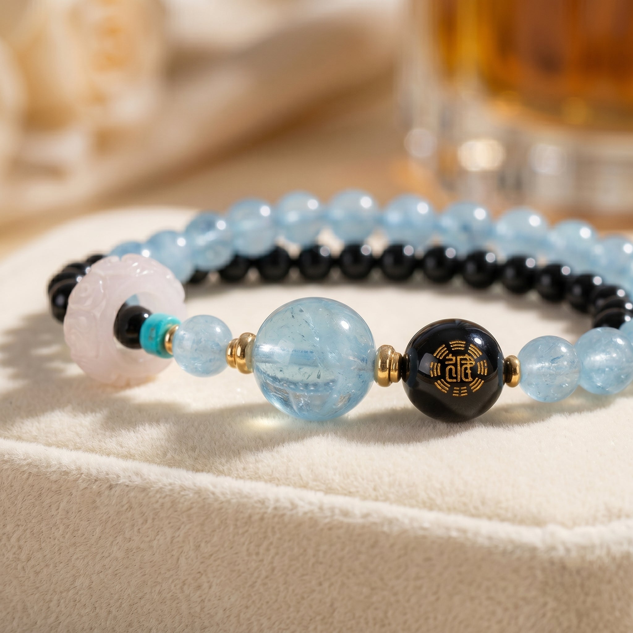 Moon Tide Water Element Double-Strand Beaded Bracelet Aquamarine & Black Onyx Inspired Gemstone Bracelet for Cancer, Scorpio & Pisces