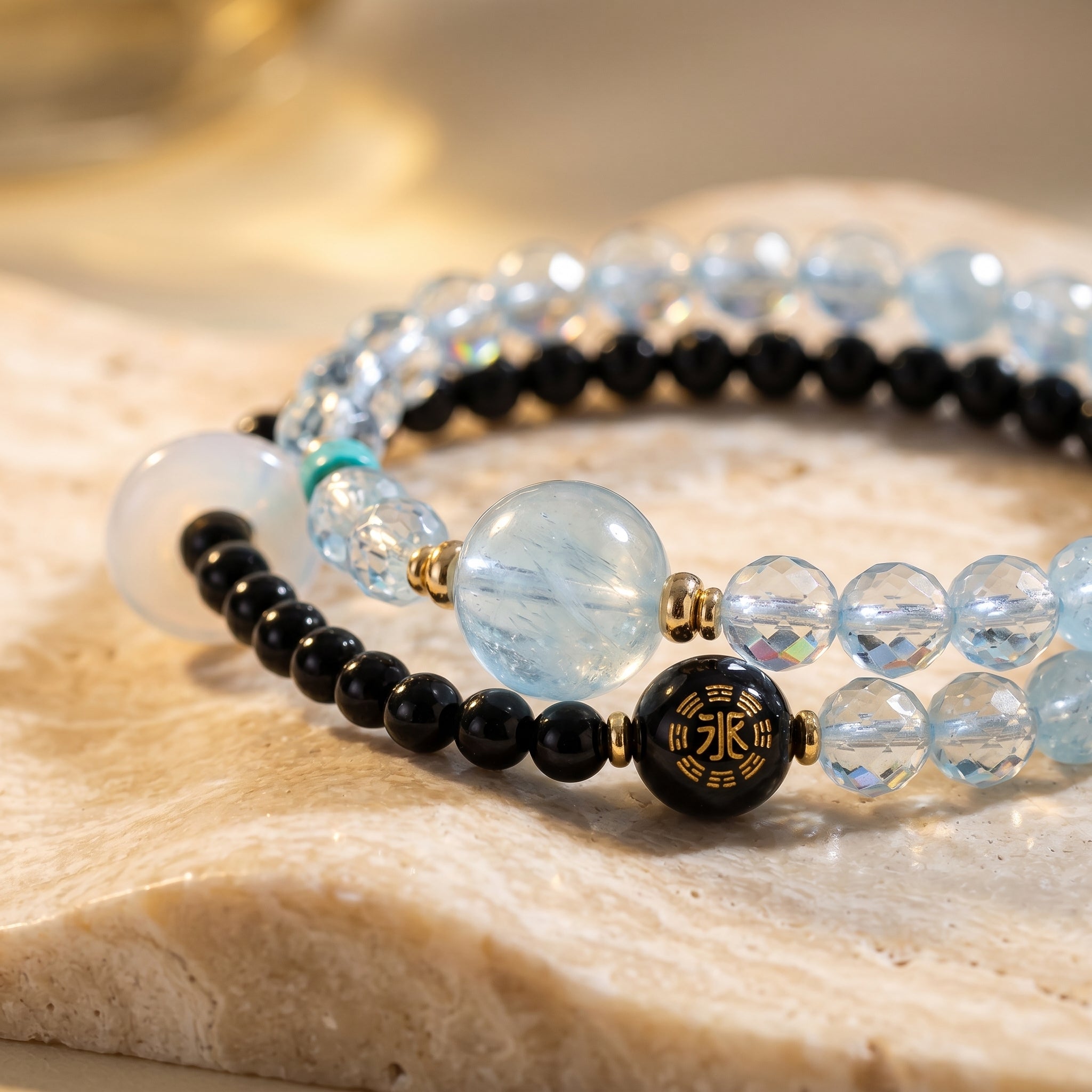 Moon Tide Water Element Double-Strand Beaded Bracelet Aquamarine & Black Onyx Inspired Gemstone Bracelet for Cancer, Scorpio & Pisces