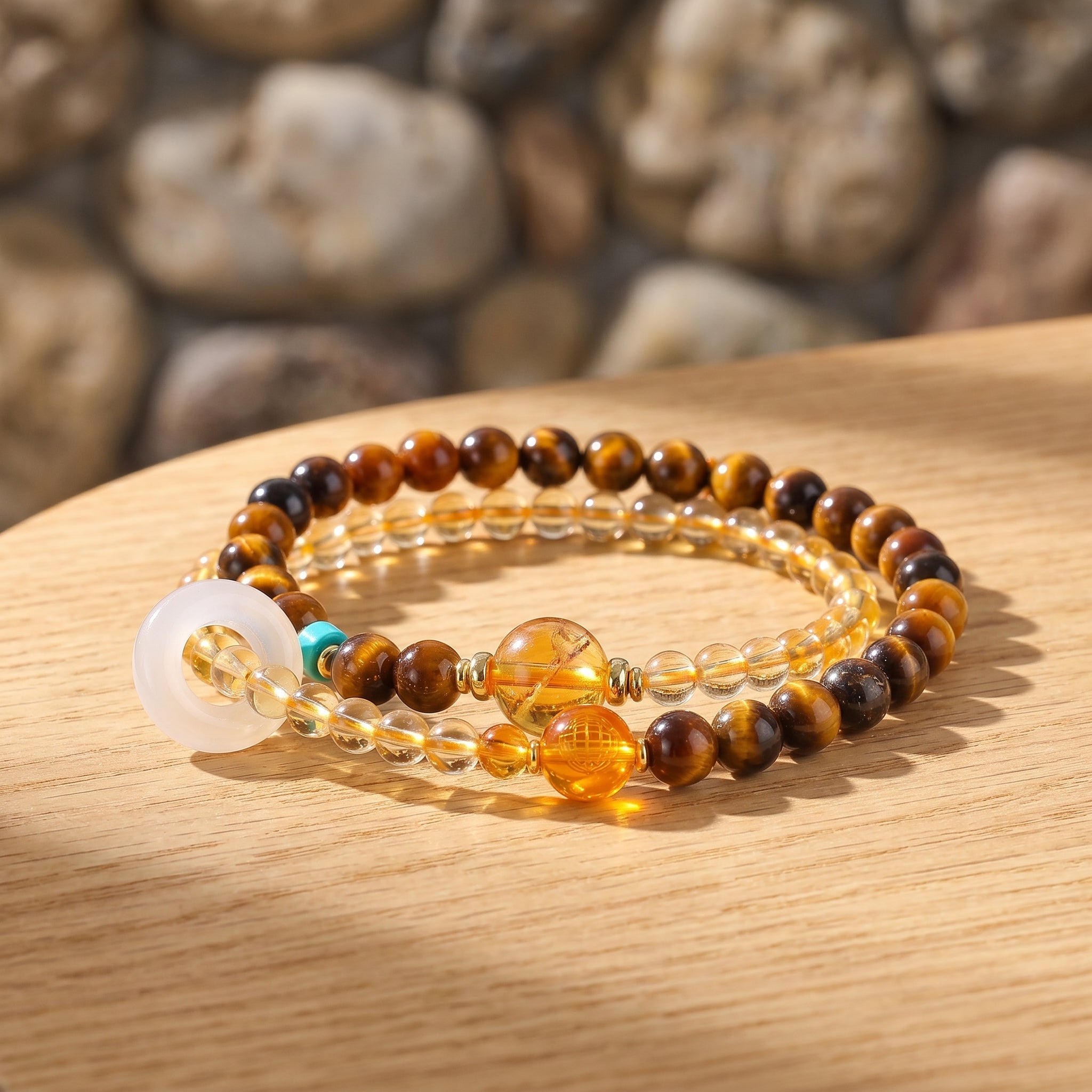 Golden Terra Earth Element Double-Strand Beaded Bracelet Tiger Eye & Golden Crystal Gemstone Bracelet for Taurus, Virgo & Capricorn