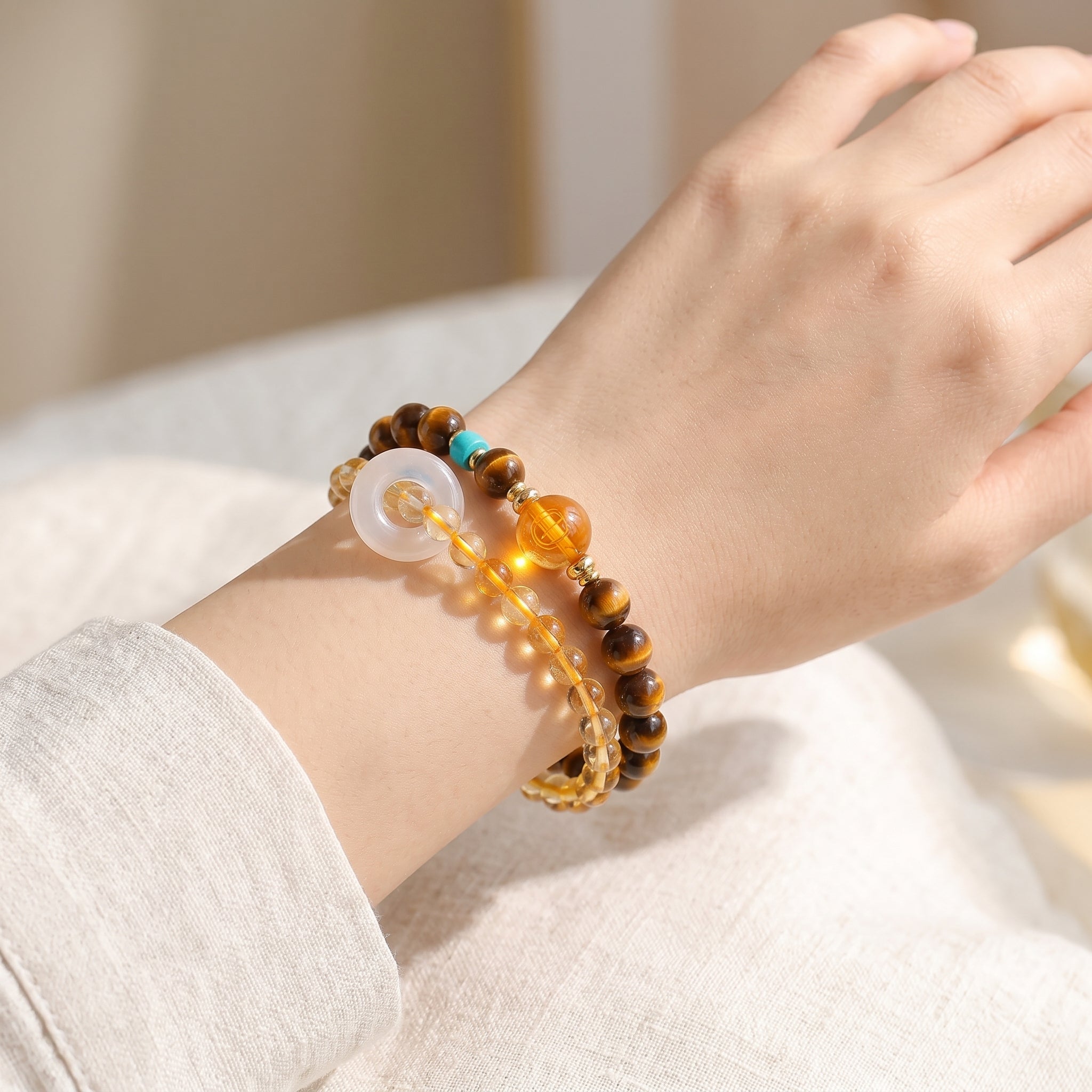 Golden Terra Earth Element Double-Strand Beaded Bracelet Tiger Eye & Golden Crystal Gemstone Bracelet for Taurus, Virgo & Capricorn