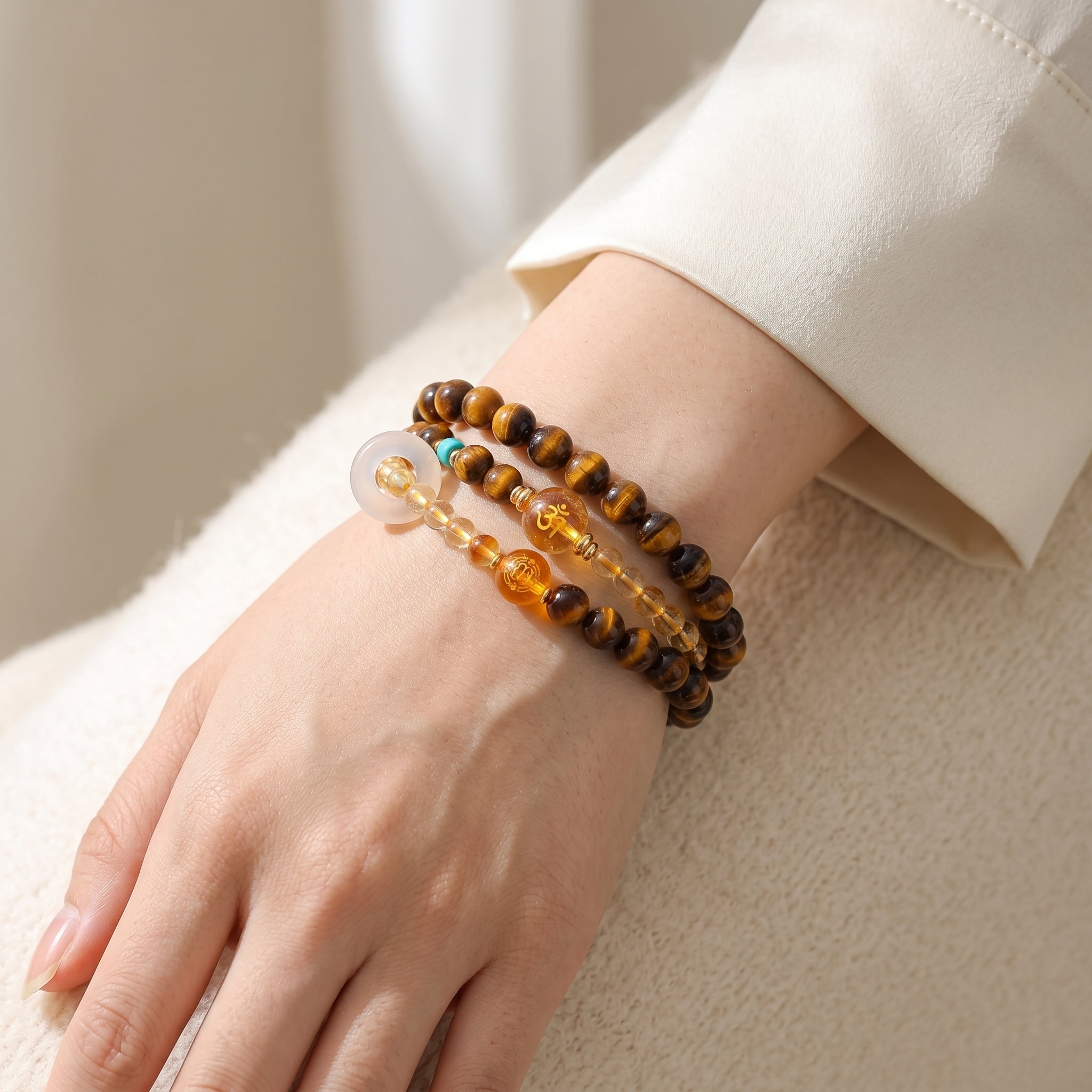Golden Terra Earth Element Double-Strand Beaded Bracelet Tiger Eye & Golden Crystal Gemstone Bracelet for Taurus, Virgo & Capricorn