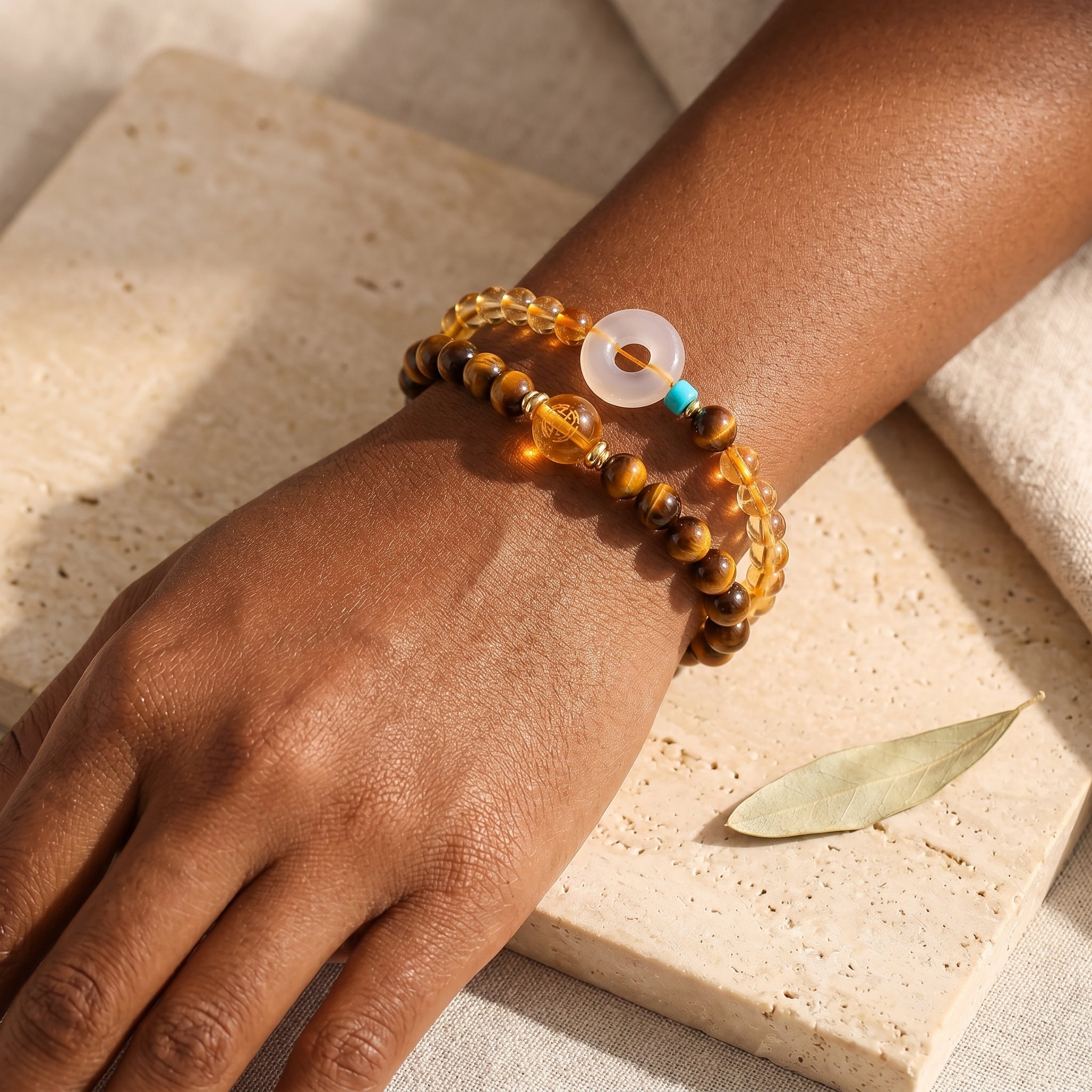 Golden Terra Earth Element Double-Strand Beaded Bracelet Tiger Eye & Golden Crystal Gemstone Bracelet for Taurus, Virgo & Capricorn