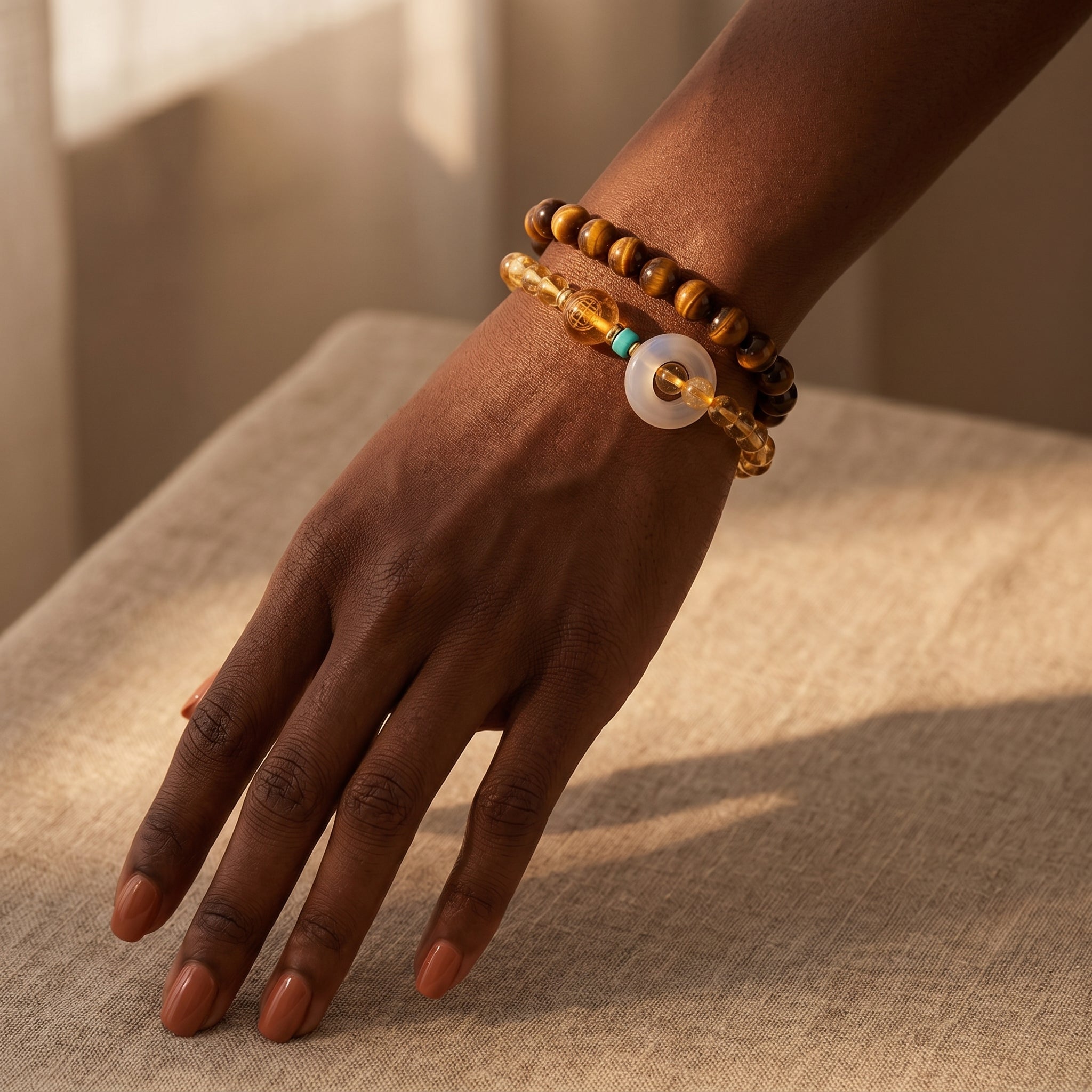 Golden Terra Earth Element Double-Strand Beaded Bracelet Tiger Eye & Golden Crystal Gemstone Bracelet for Taurus, Virgo & Capricorn