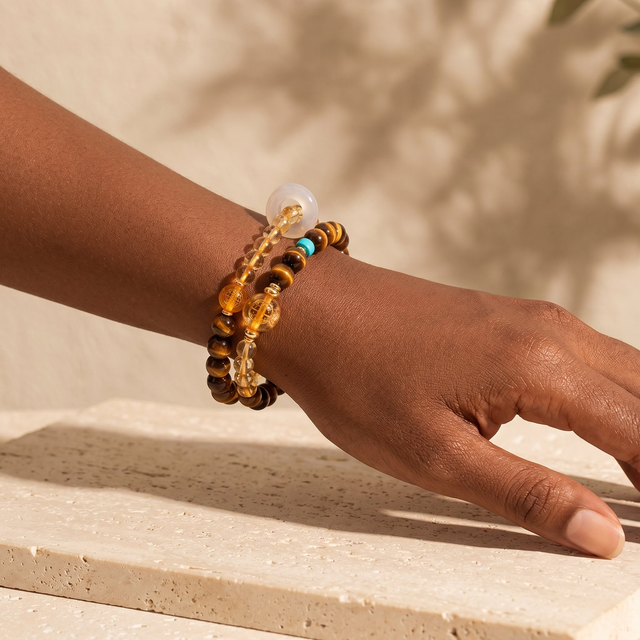 Golden Terra Earth Element Double-Strand Beaded Bracelet Tiger Eye & Golden Crystal Gemstone Bracelet for Taurus, Virgo & Capricorn