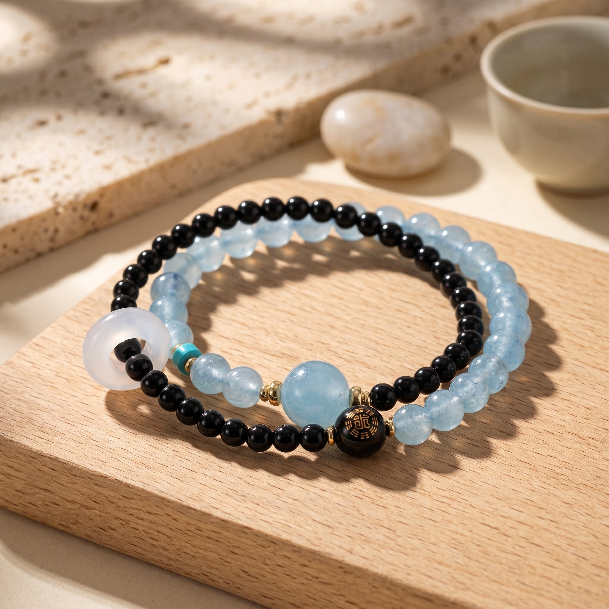 Moon Tide Water Element Double-Strand Beaded Bracelet Aquamarine & Black Onyx Inspired Gemstone Bracelet for Cancer, Scorpio & Pisces