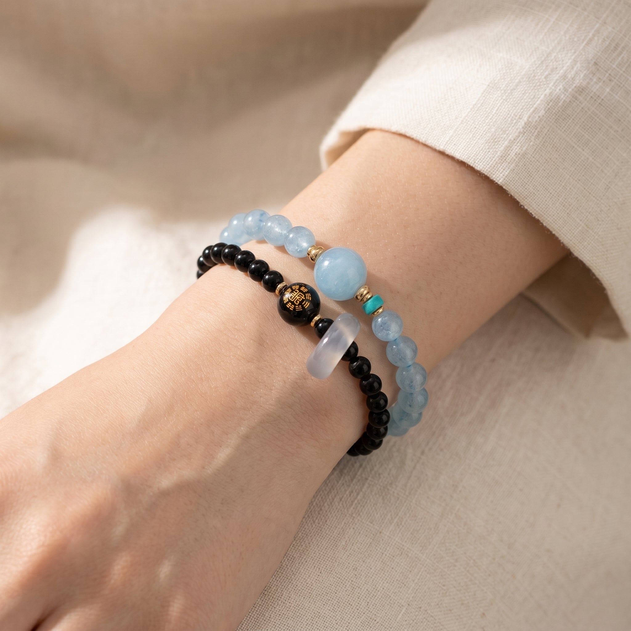Moon Tide Water Element Double-Strand Beaded Bracelet Aquamarine & Black Onyx Inspired Gemstone Bracelet for Cancer, Scorpio & Pisces