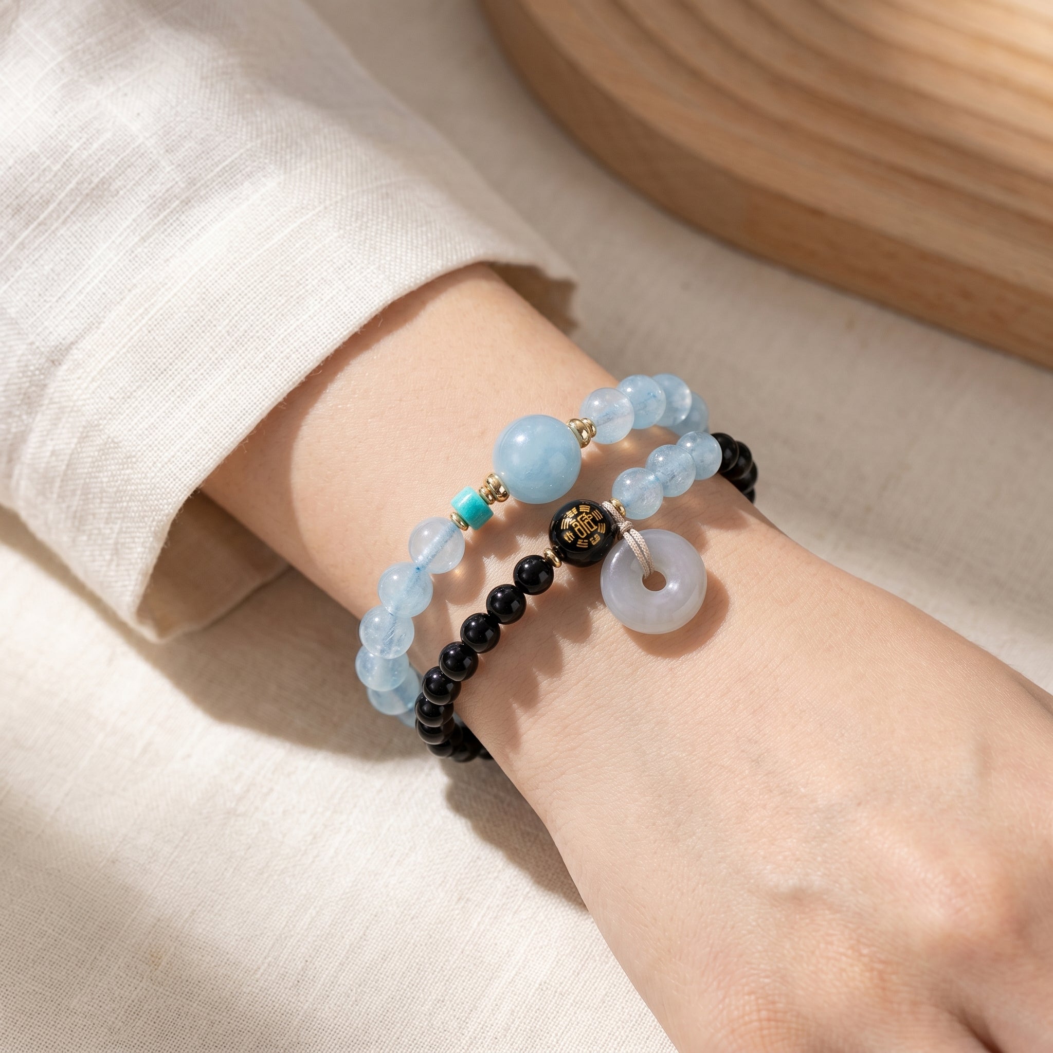 Moon Tide Water Element Double-Strand Beaded Bracelet Aquamarine & Black Onyx Inspired Gemstone Bracelet for Cancer, Scorpio & Pisces