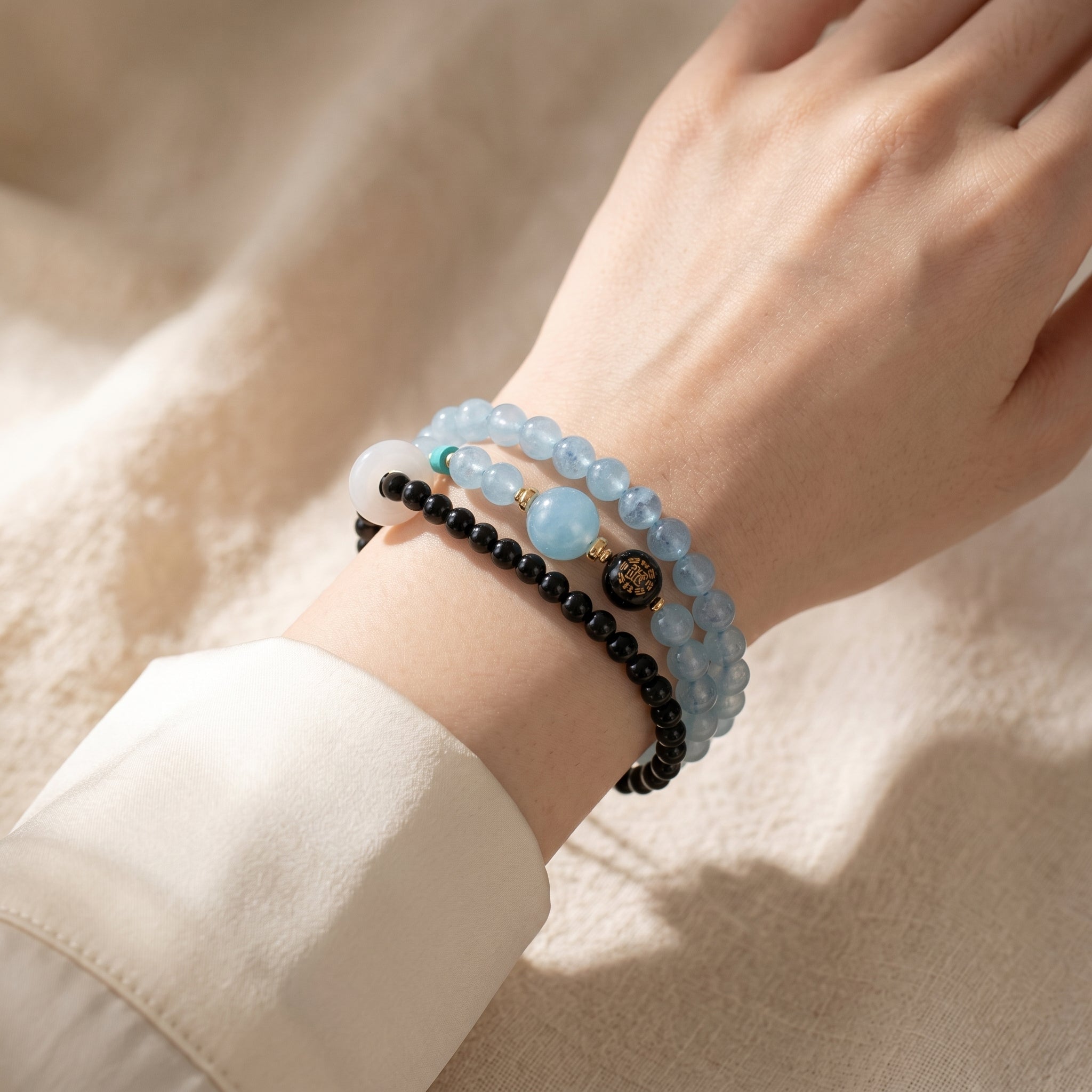 Moon Tide Water Element Double-Strand Beaded Bracelet Aquamarine & Black Onyx Inspired Gemstone Bracelet for Cancer, Scorpio & Pisces