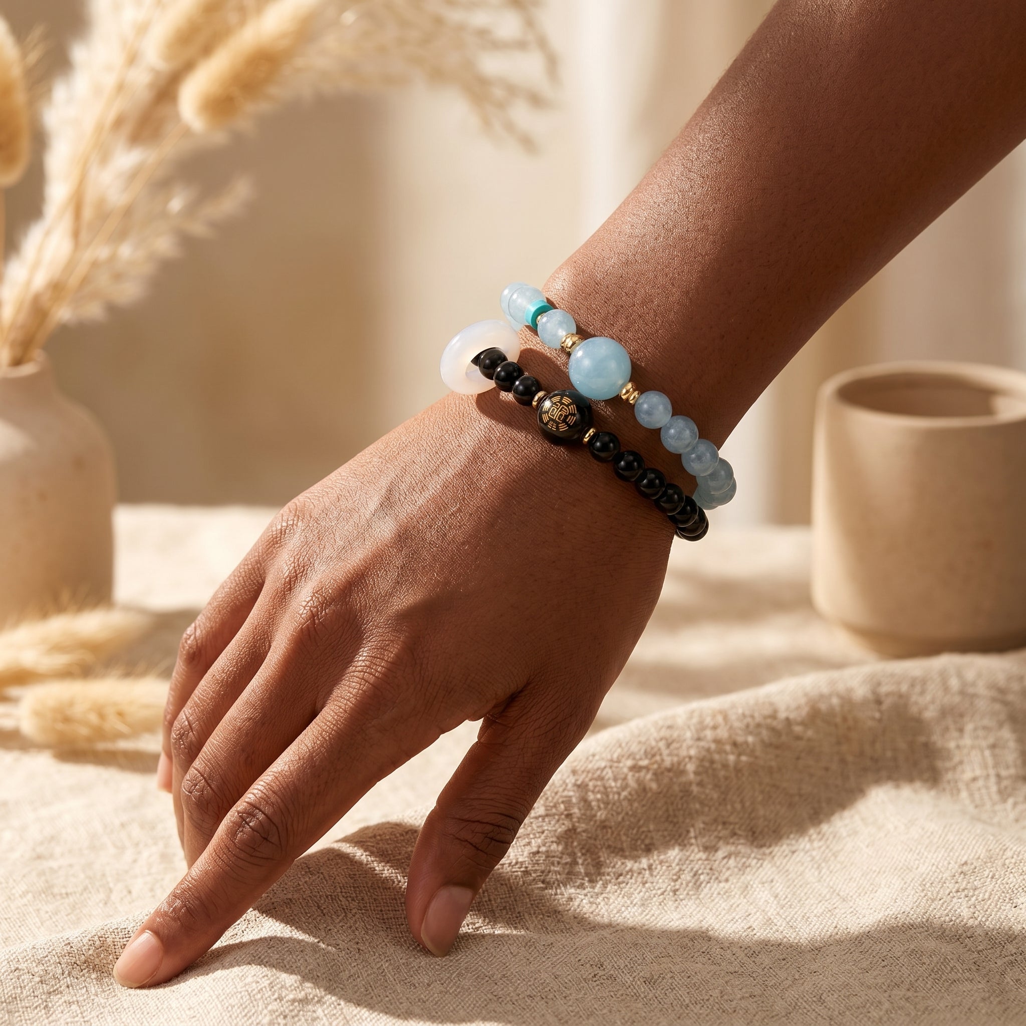 Moon Tide Water Element Double-Strand Beaded Bracelet Aquamarine & Black Onyx Inspired Gemstone Bracelet for Cancer, Scorpio & Pisces