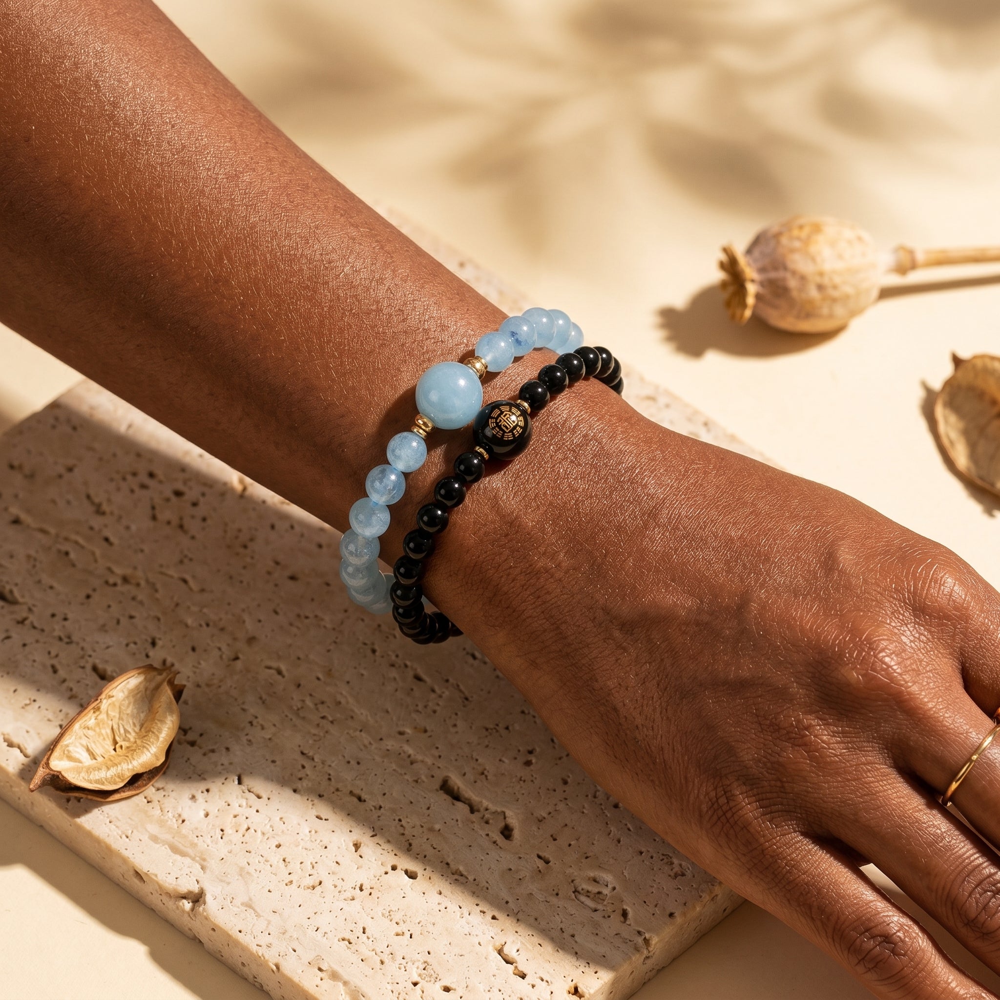 Moon Tide Water Element Double-Strand Beaded Bracelet Aquamarine & Black Onyx Inspired Gemstone Bracelet for Cancer, Scorpio & Pisces