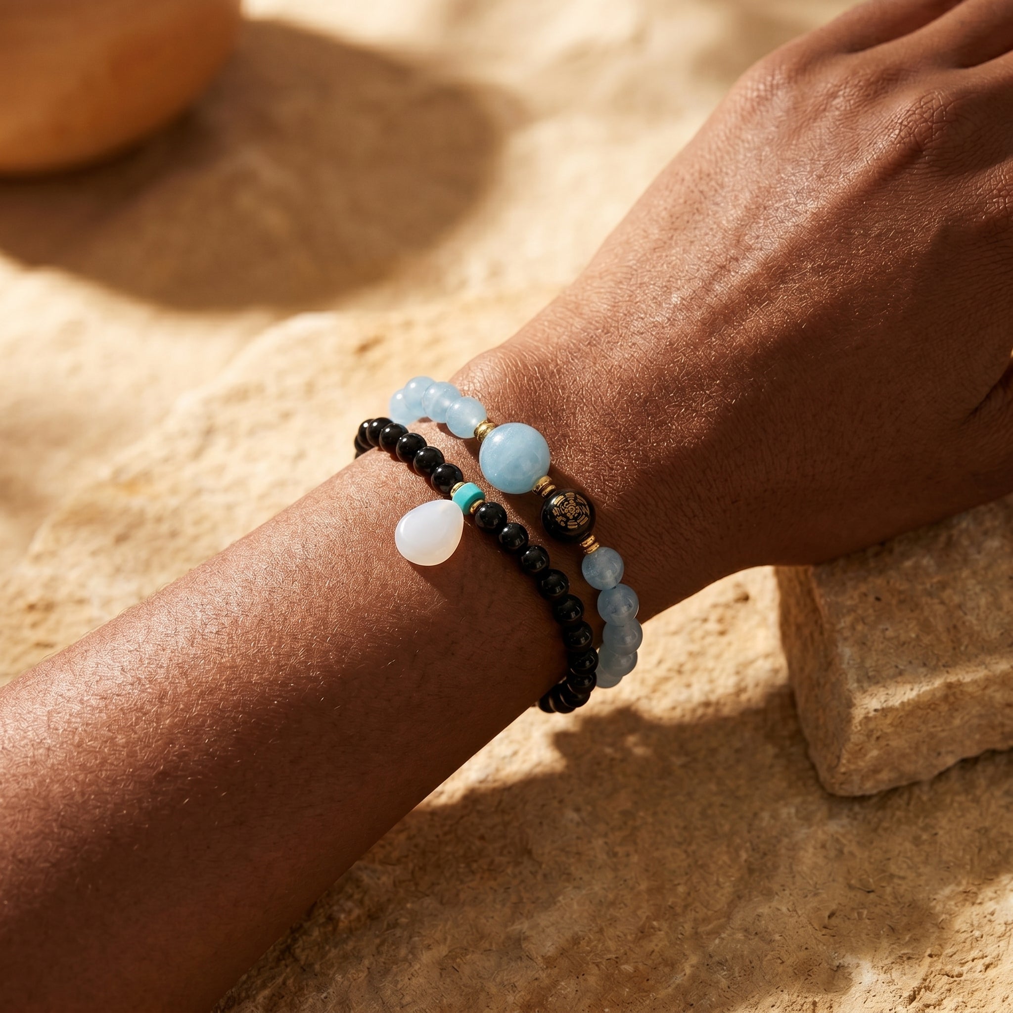 Moon Tide Water Element Double-Strand Beaded Bracelet Aquamarine & Black Onyx Inspired Gemstone Bracelet for Cancer, Scorpio & Pisces