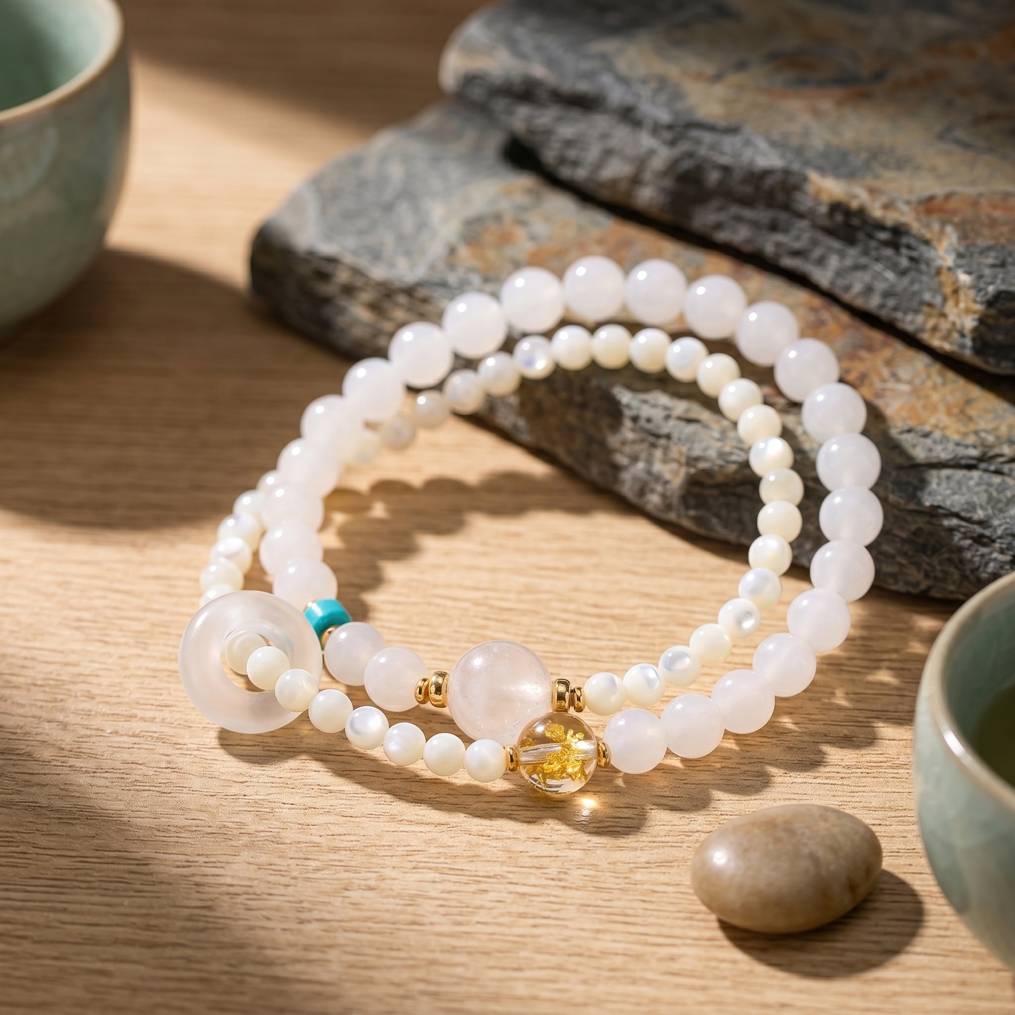 Silver Zenith Metal Element Double-Strand Beaded Bracelet Element of Clarity & Strength