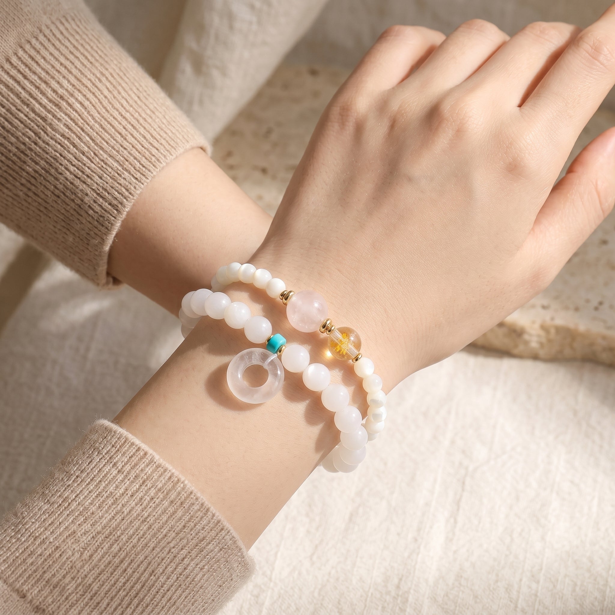 Silver Zenith Metal Element Double-Strand Beaded Bracelet Element of Clarity & Strength
