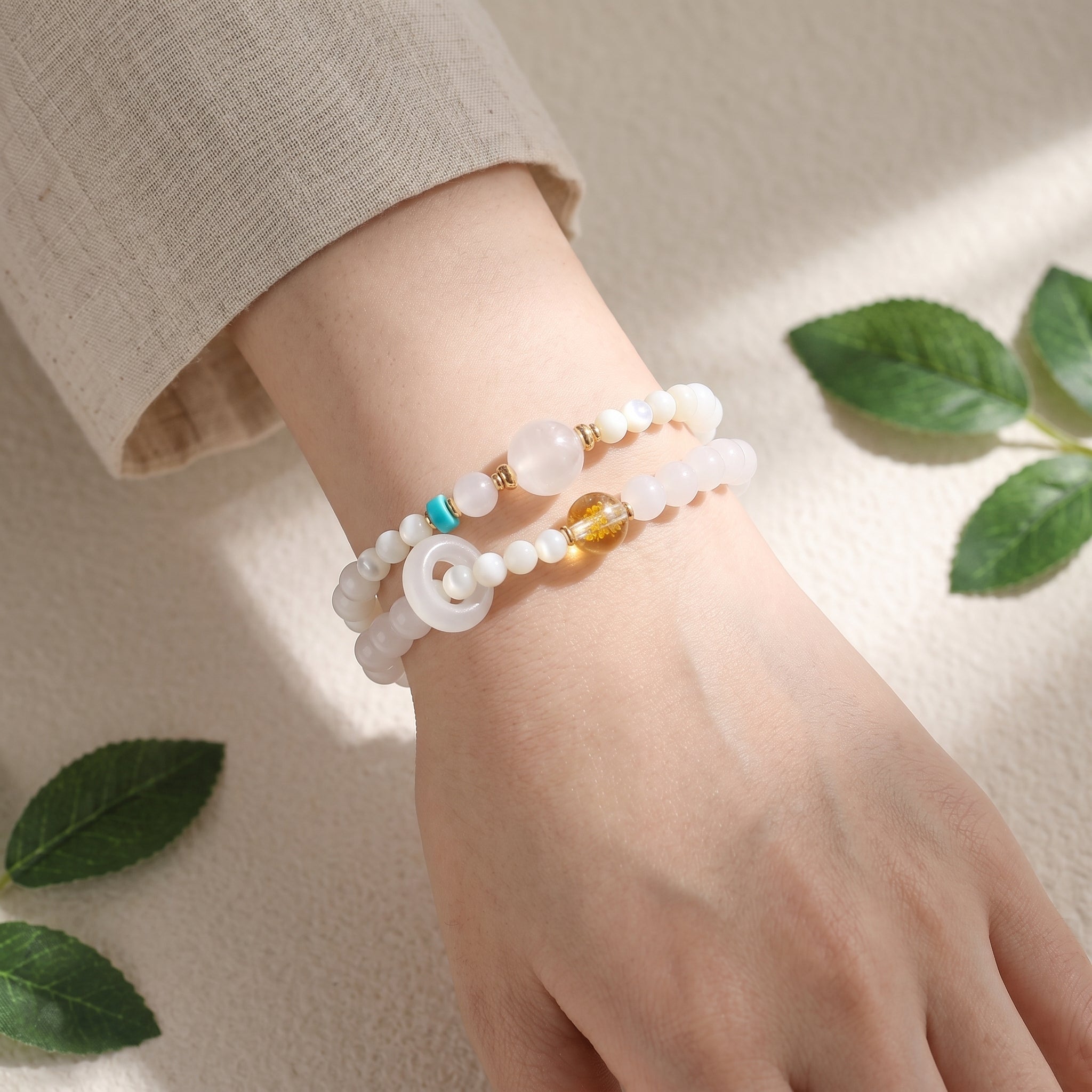 Silver Zenith Metal Element Double-Strand Beaded Bracelet Element of Clarity & Strength