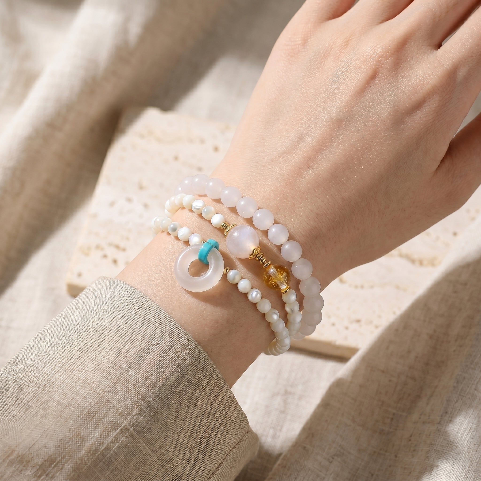 Silver Zenith Metal Element Double-Strand Beaded Bracelet Element of Clarity & Strength