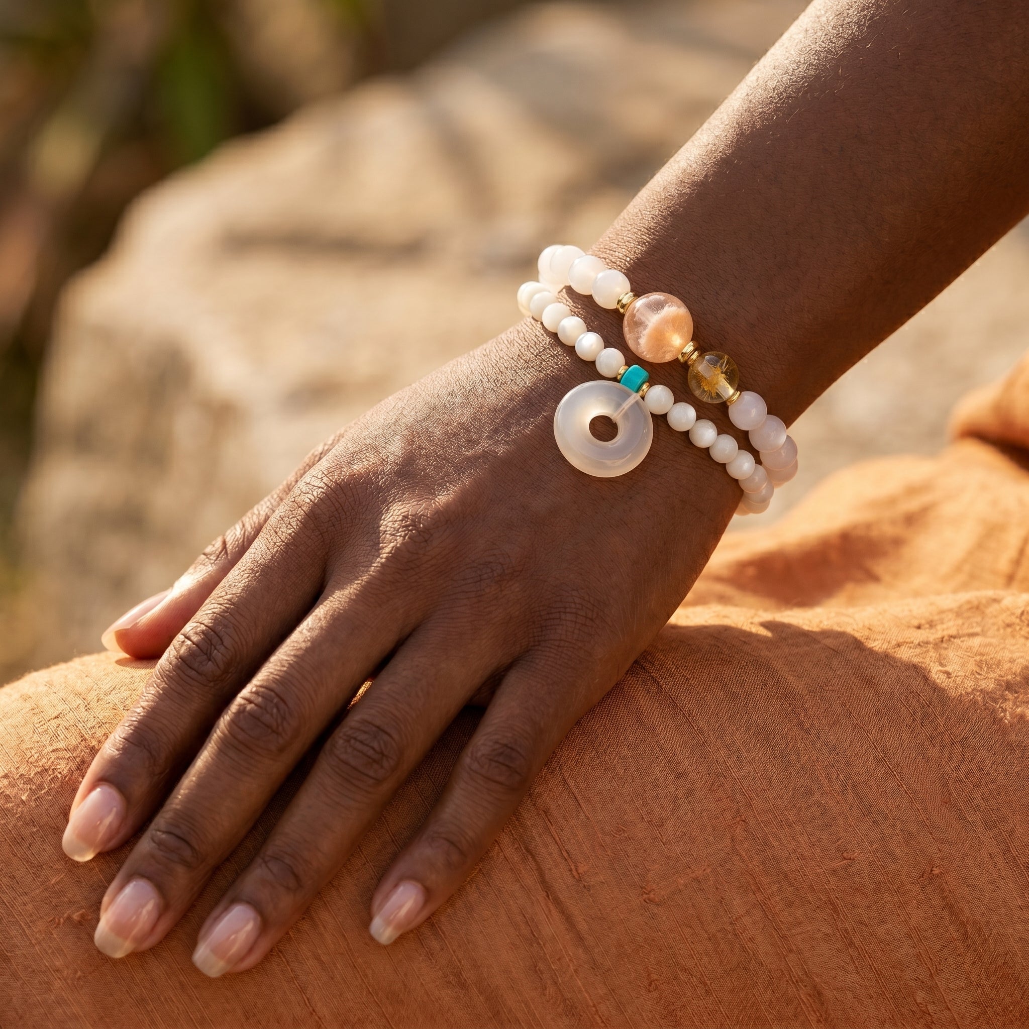 Silver Zenith Metal Element Double-Strand Beaded Bracelet Element of Clarity & Strength