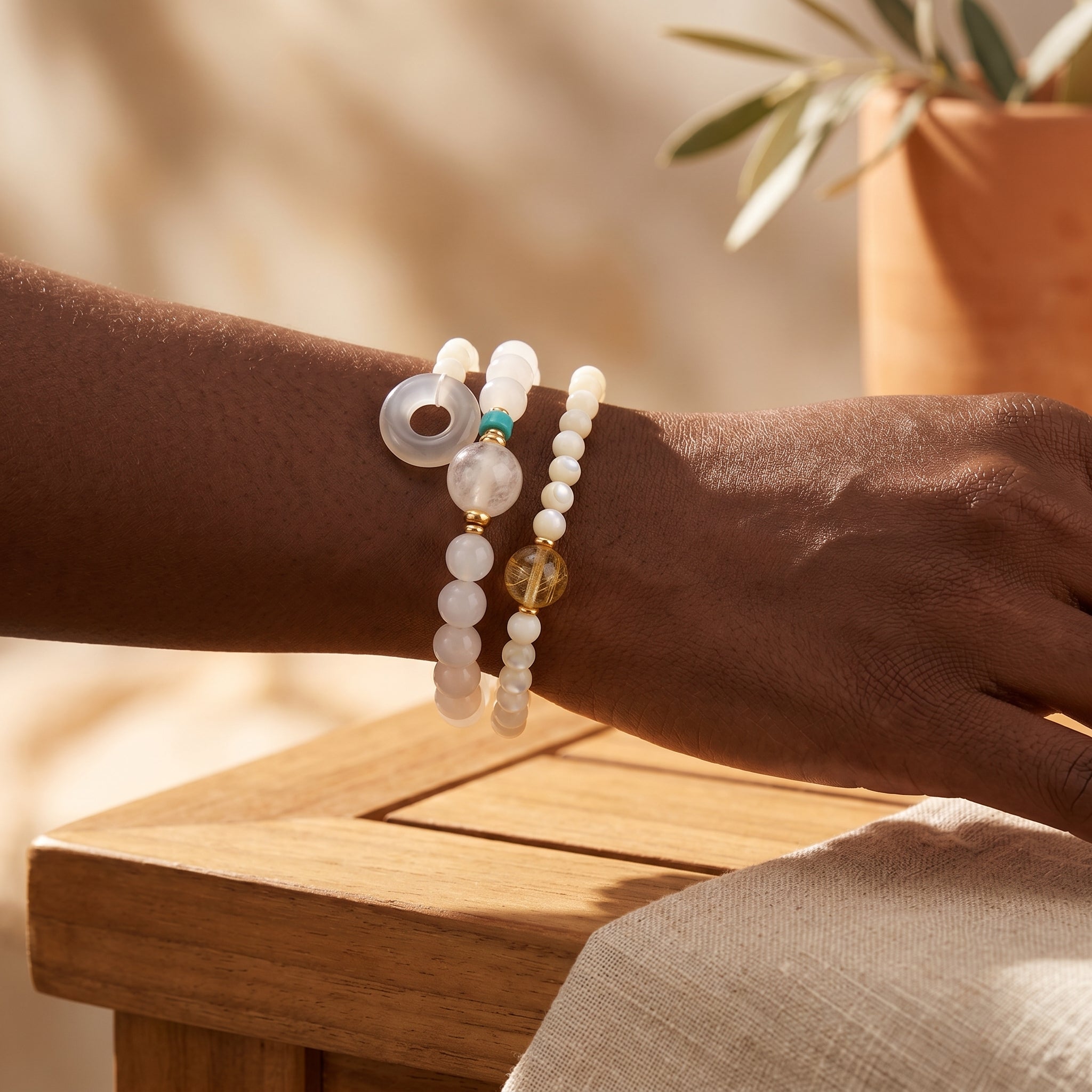 Silver Zenith Metal Element Double-Strand Beaded Bracelet Element of Clarity & Strength