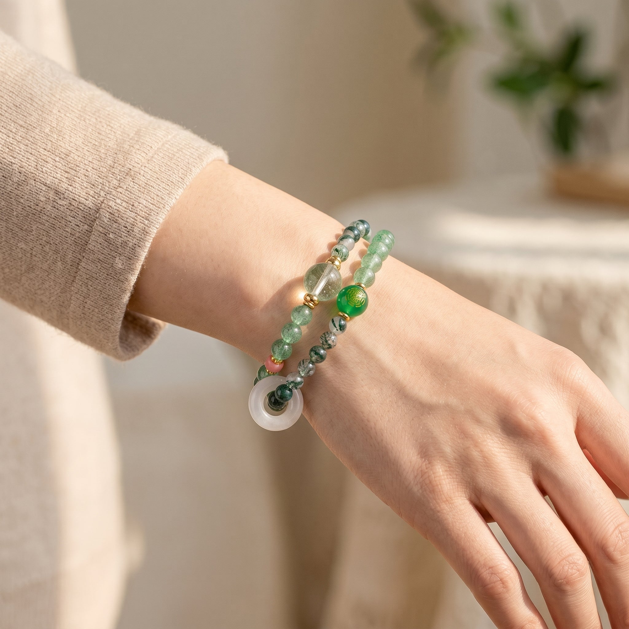 Emerald Rise Wood Element Double-Strand Beaded Bracelet Natural Green Gemstone Bracelet for Gemini, Libra & Aquarius