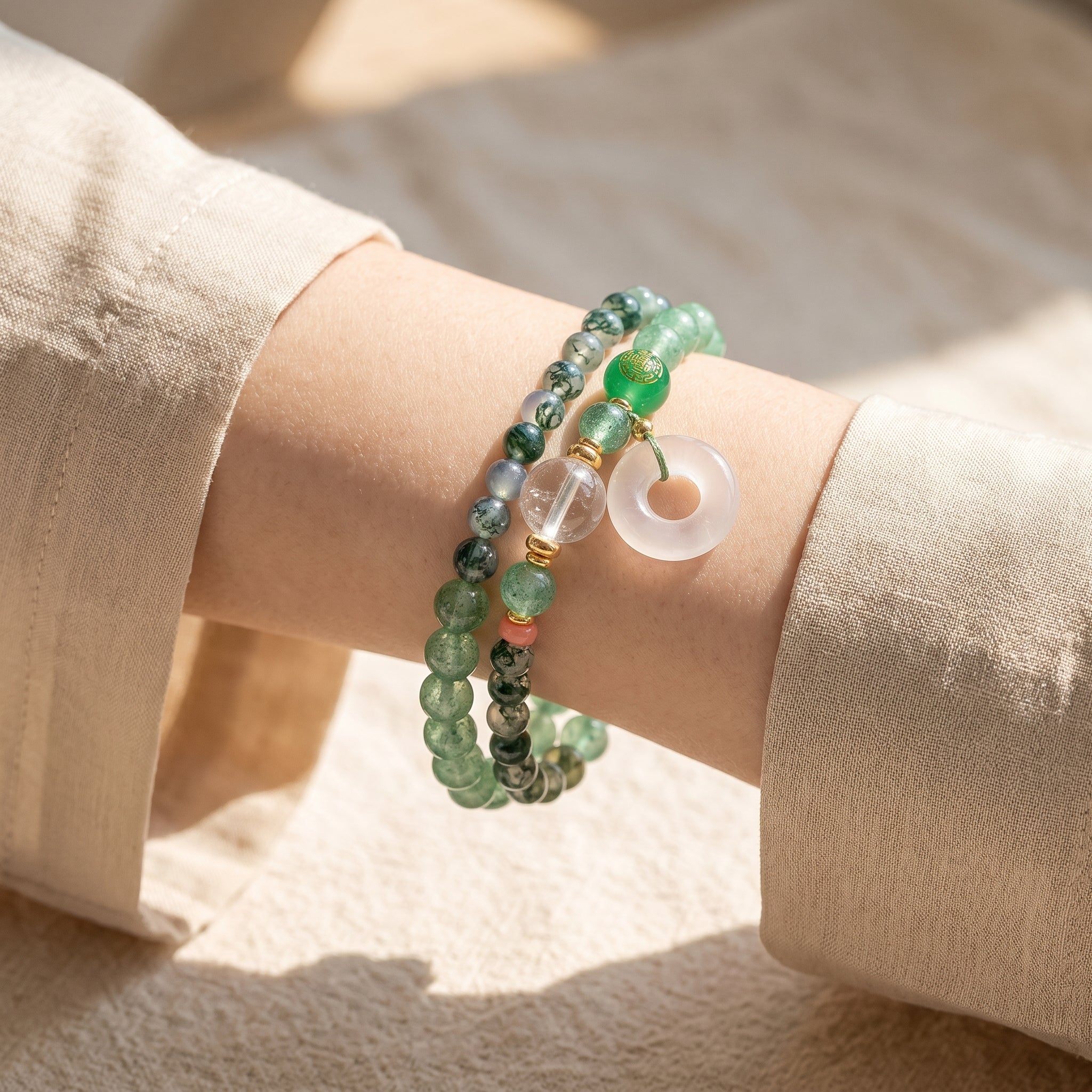 Emerald Rise Wood Element Double-Strand Beaded Bracelet Natural Green Gemstone Bracelet for Gemini, Libra & Aquarius