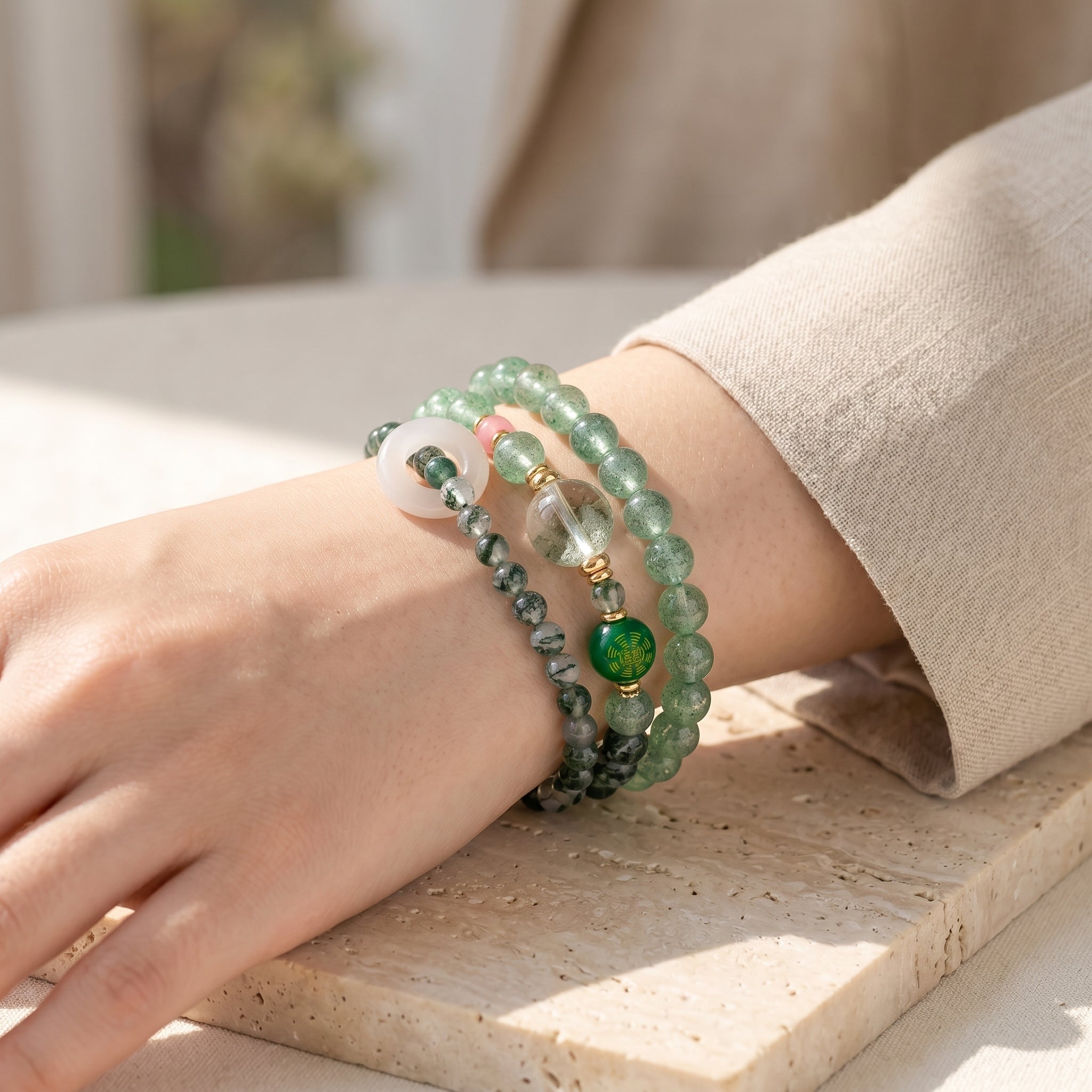 Emerald Rise Wood Element Double-Strand Beaded Bracelet Natural Green Gemstone Bracelet for Gemini, Libra & Aquarius