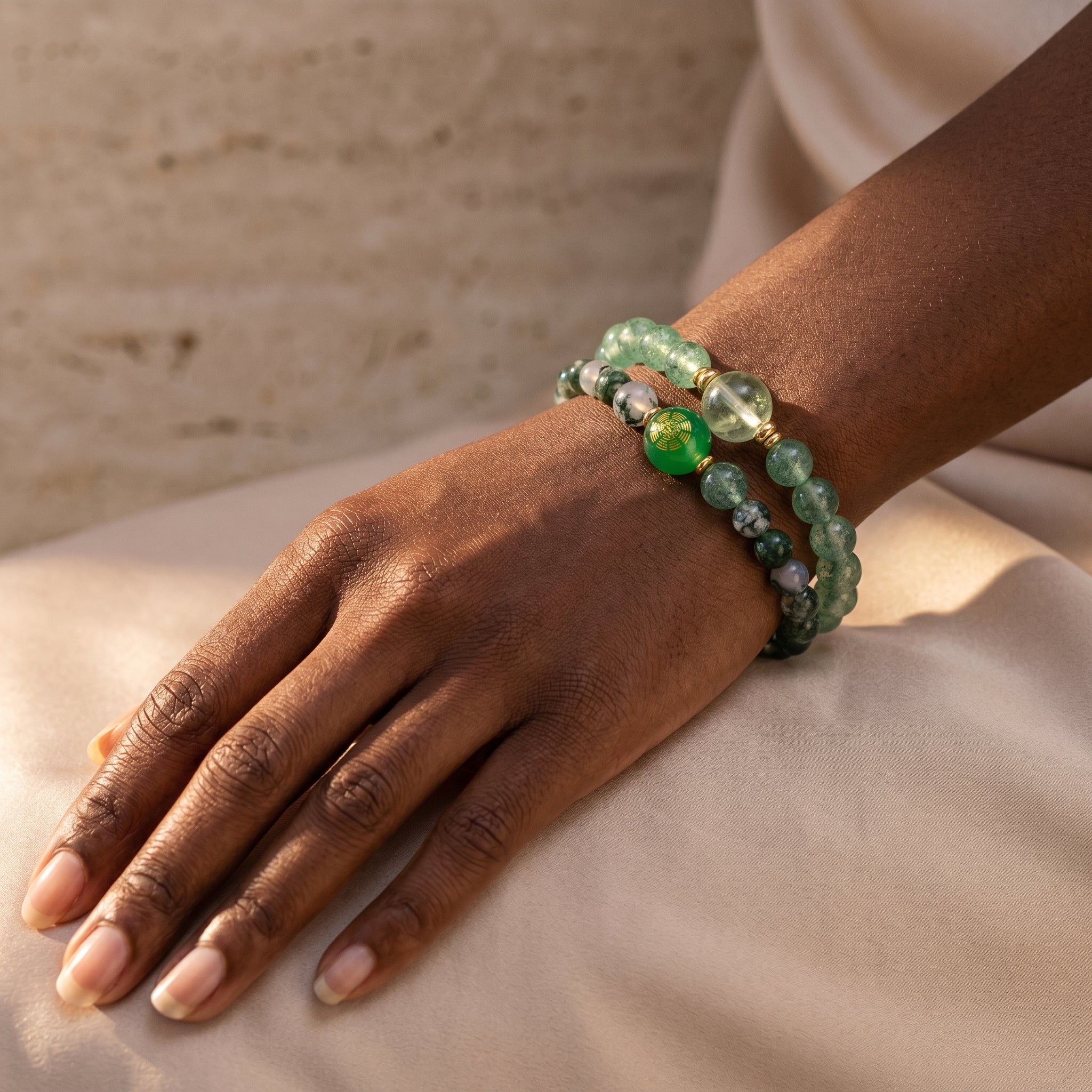 Emerald Rise Wood Element Double-Strand Beaded Bracelet Natural Green Gemstone Bracelet for Gemini, Libra & Aquarius