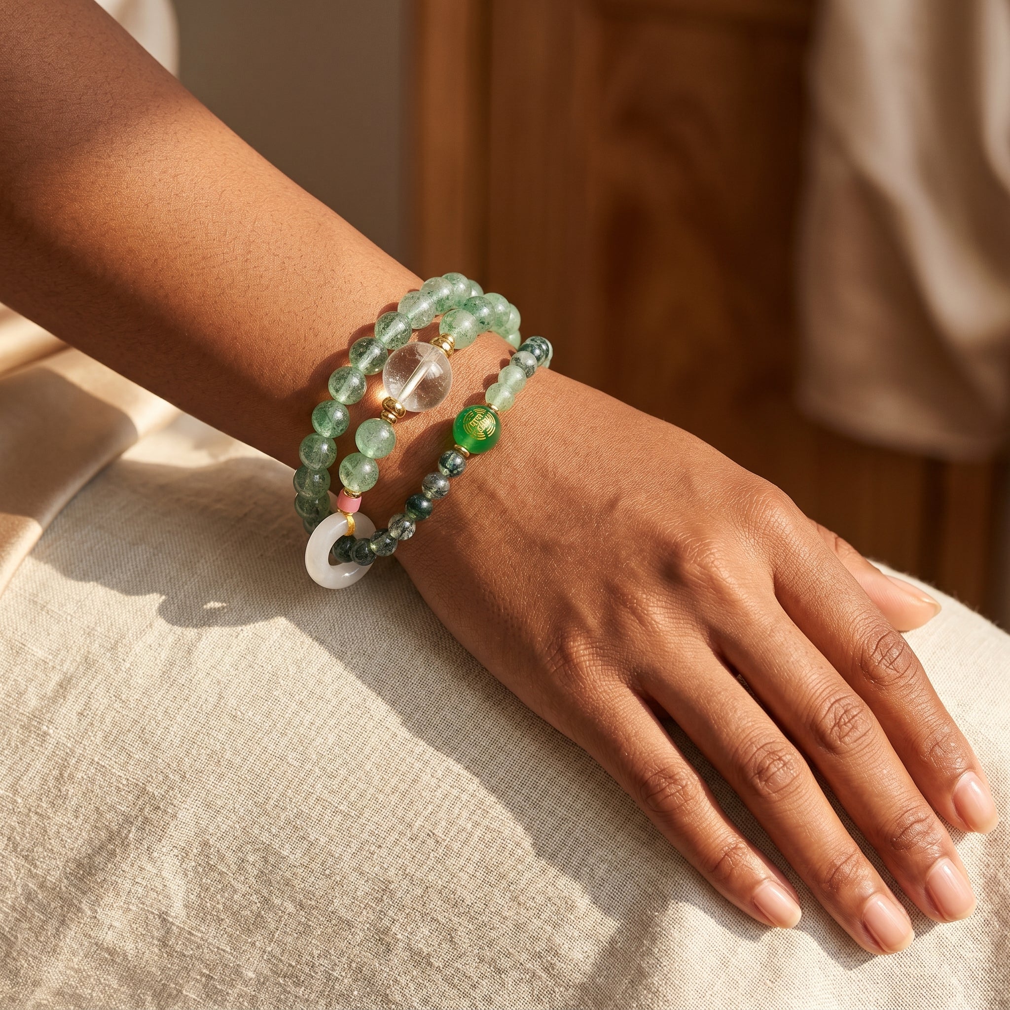 Emerald Rise Wood Element Double-Strand Beaded Bracelet Natural Green Gemstone Bracelet for Gemini, Libra & Aquarius